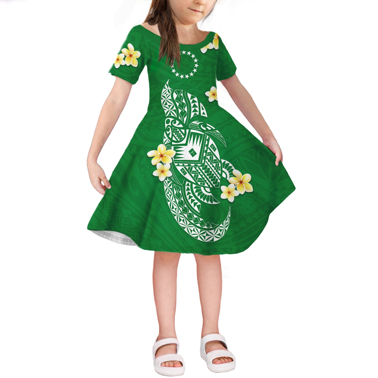 Cook Islands Tatau Short Sleeves Dress KID Symbolize Passion Stars Polynesian Turtle Green LT13 KID Green - Polynesian Pride