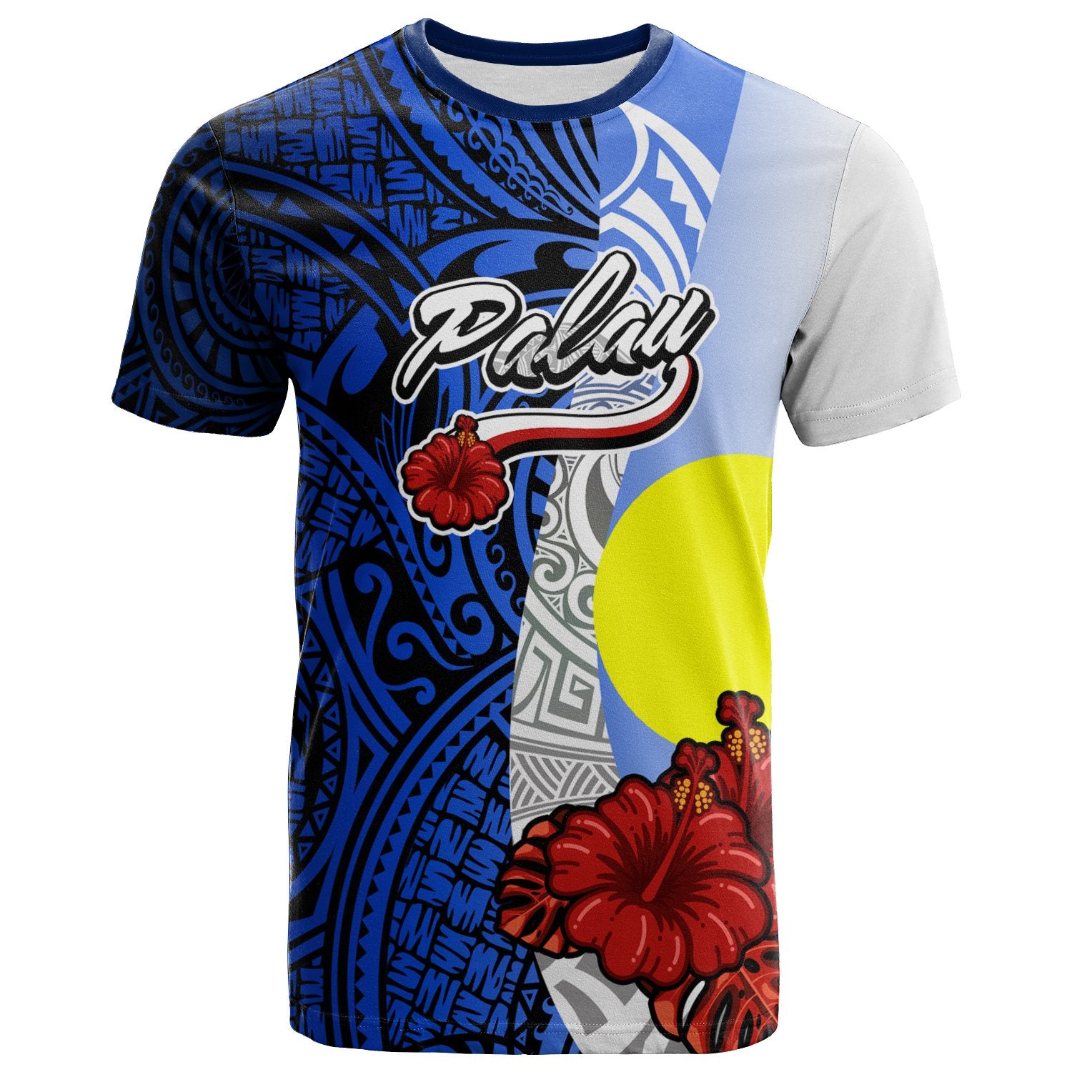 Palau Polynesian T shirt Coat Of Arm With Hibiscus Blue Unisex Blue - Polynesian Pride