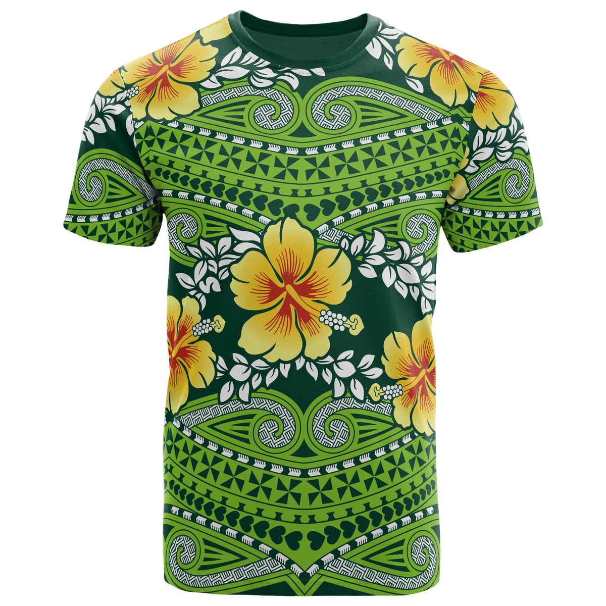 Polynesian All Over T Shirt Polynesian Hibiscus Pattern Unisex Green - Polynesian Pride