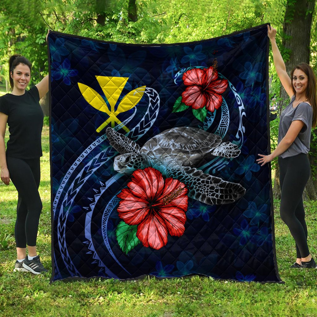 Hawaii Polynesian Premium Quilt - Blue Turtle Hibiscus Blue - Polynesian Pride