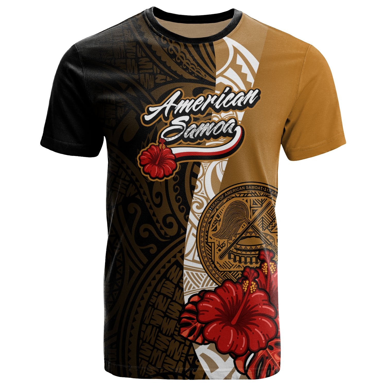 American Samoa Polynesian T Shirt Coat of Arms With Hibiscus Gold Unisex Art - Polynesian Pride