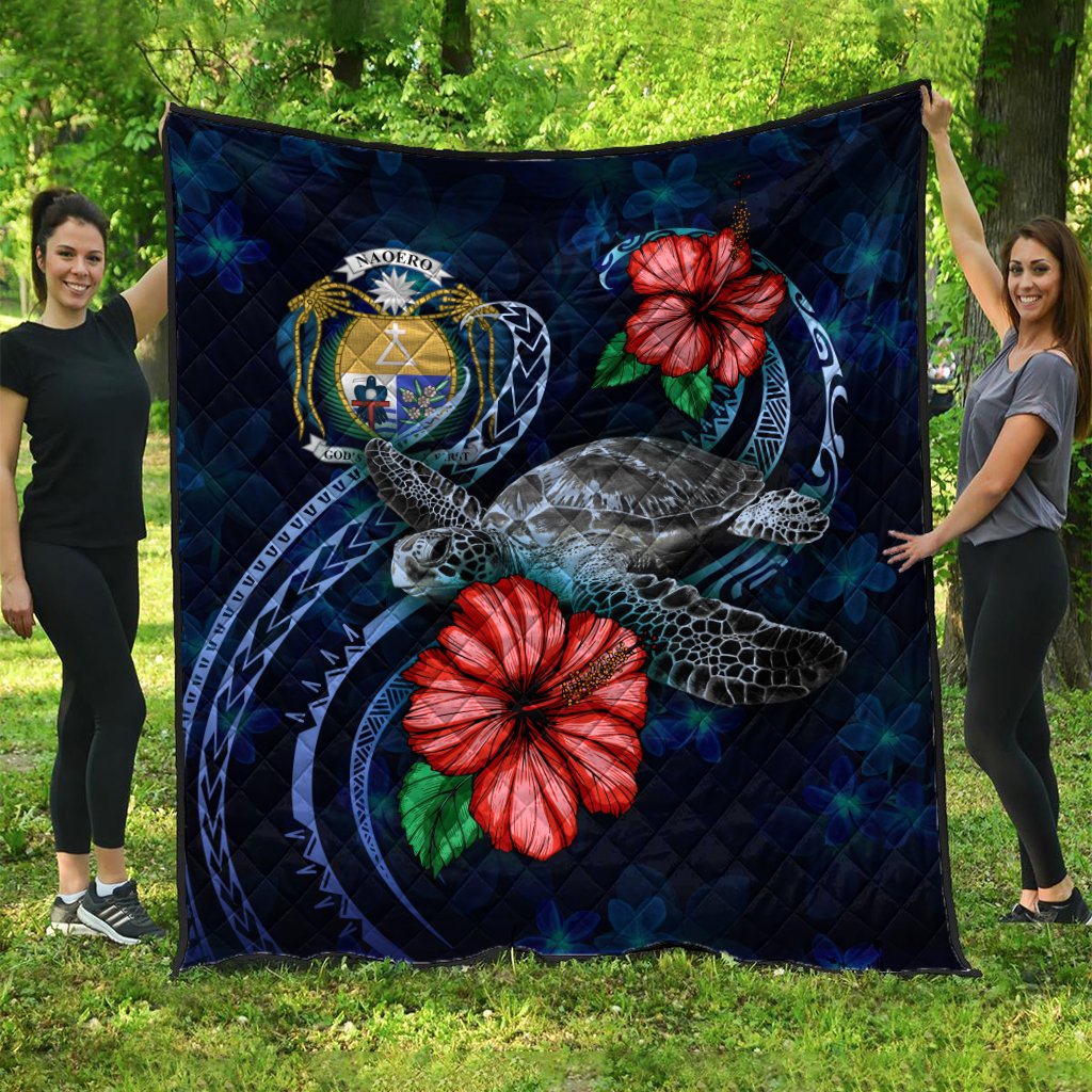 Nauru Polynesian Premium Quilt - Blue Turtle Hibiscus Blue - Polynesian Pride