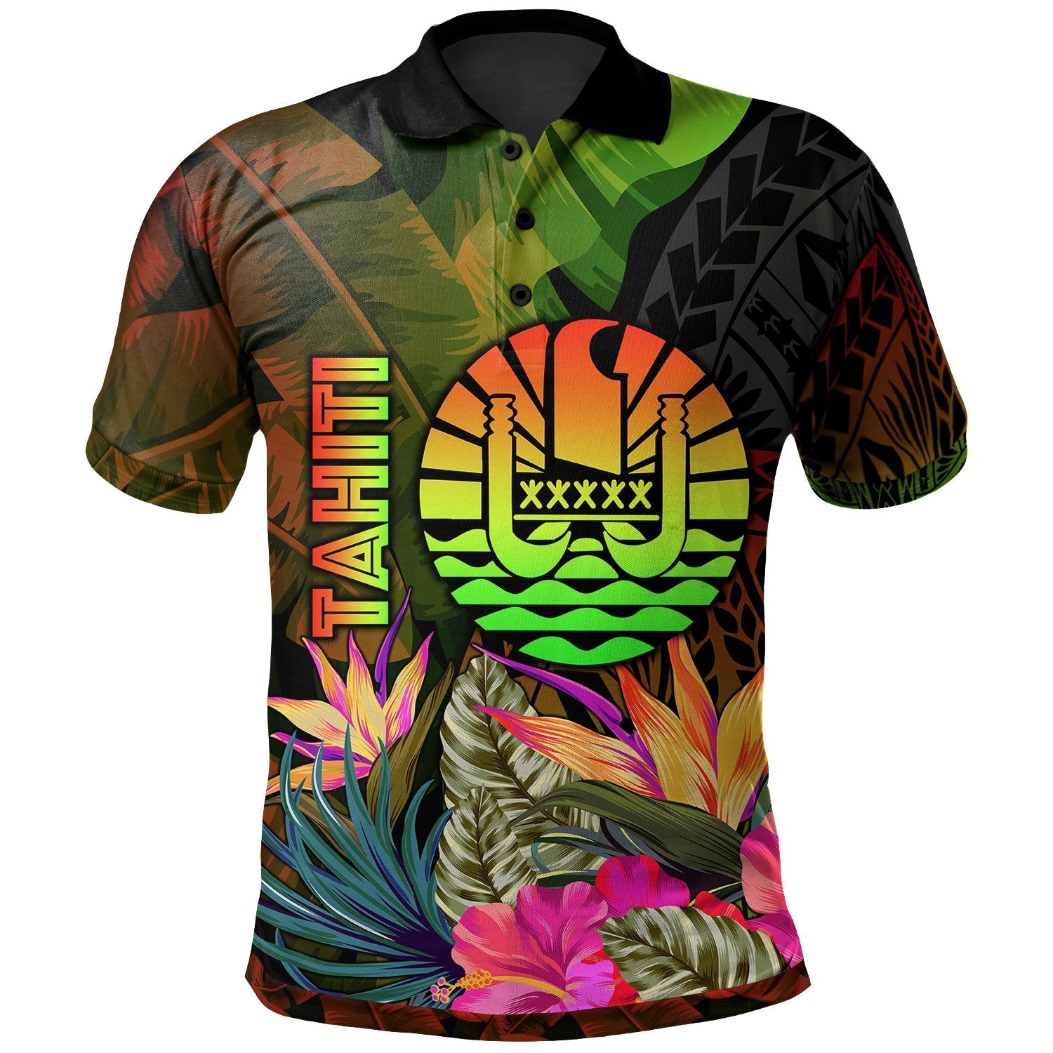 Tahiti Polynesian Polo Hibiscus and Banana Leaves Unisex Reggae - Polynesian Pride