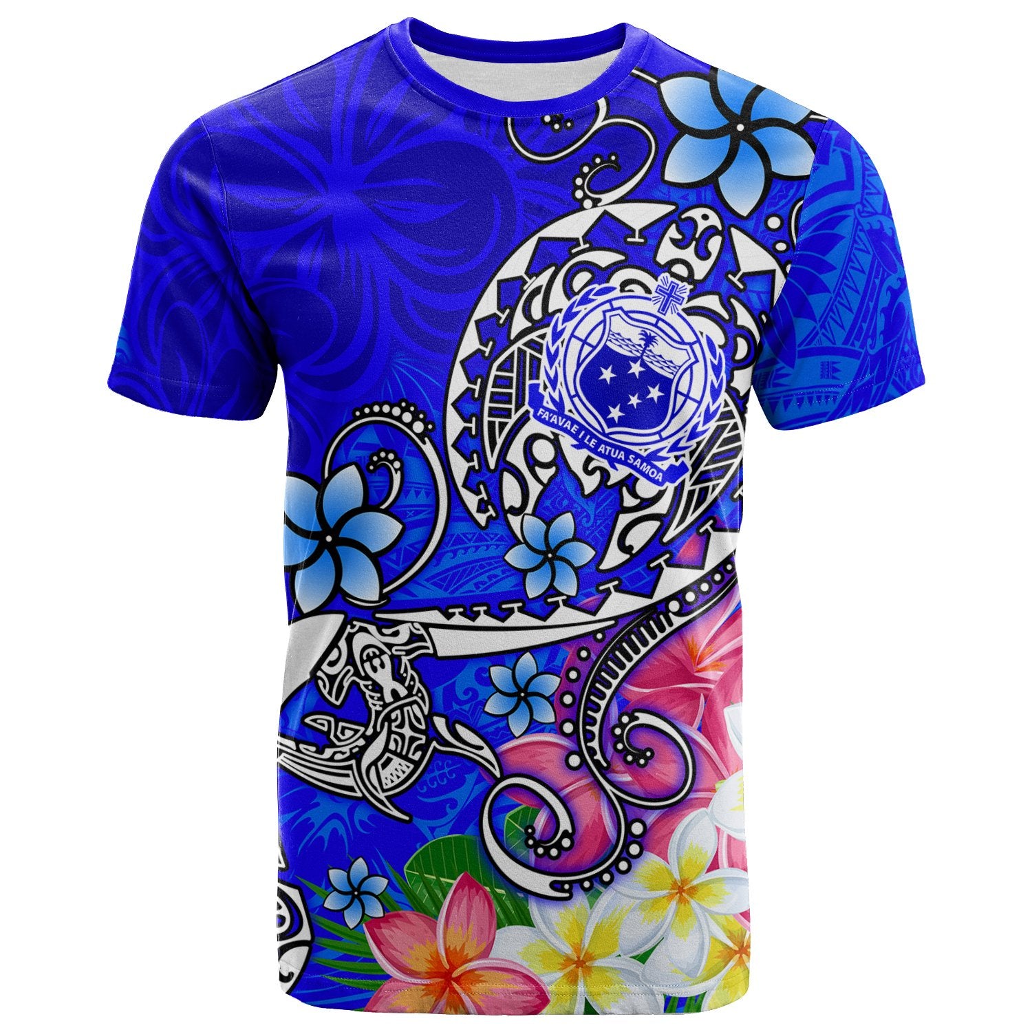 Samoa T Shirt Turtle Plumeria (Blue) Unisex Blue - Polynesian Pride