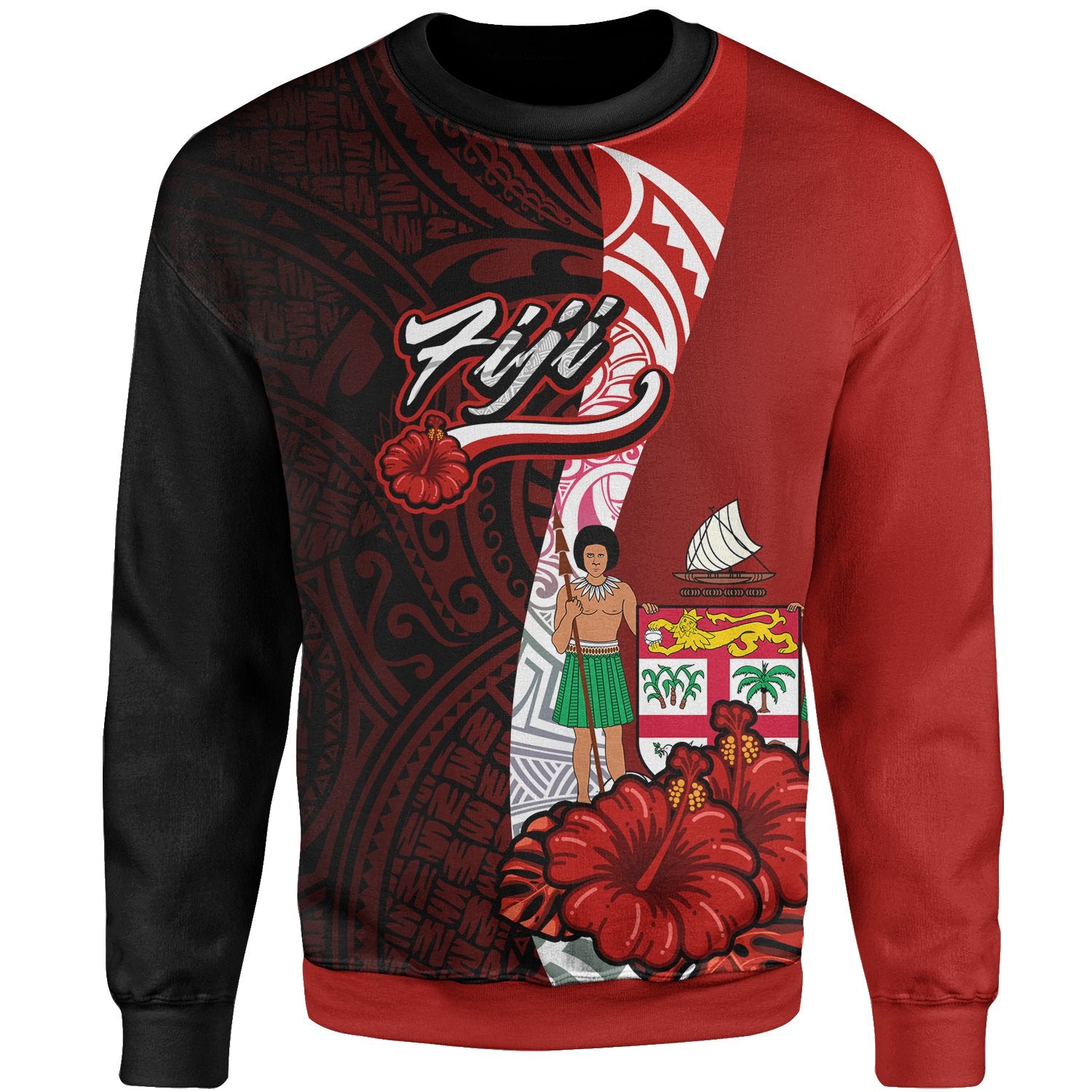 Fiji Polynesian Sweater - Coat Of Arm With Hibiscus Unisex Red - Polynesian Pride