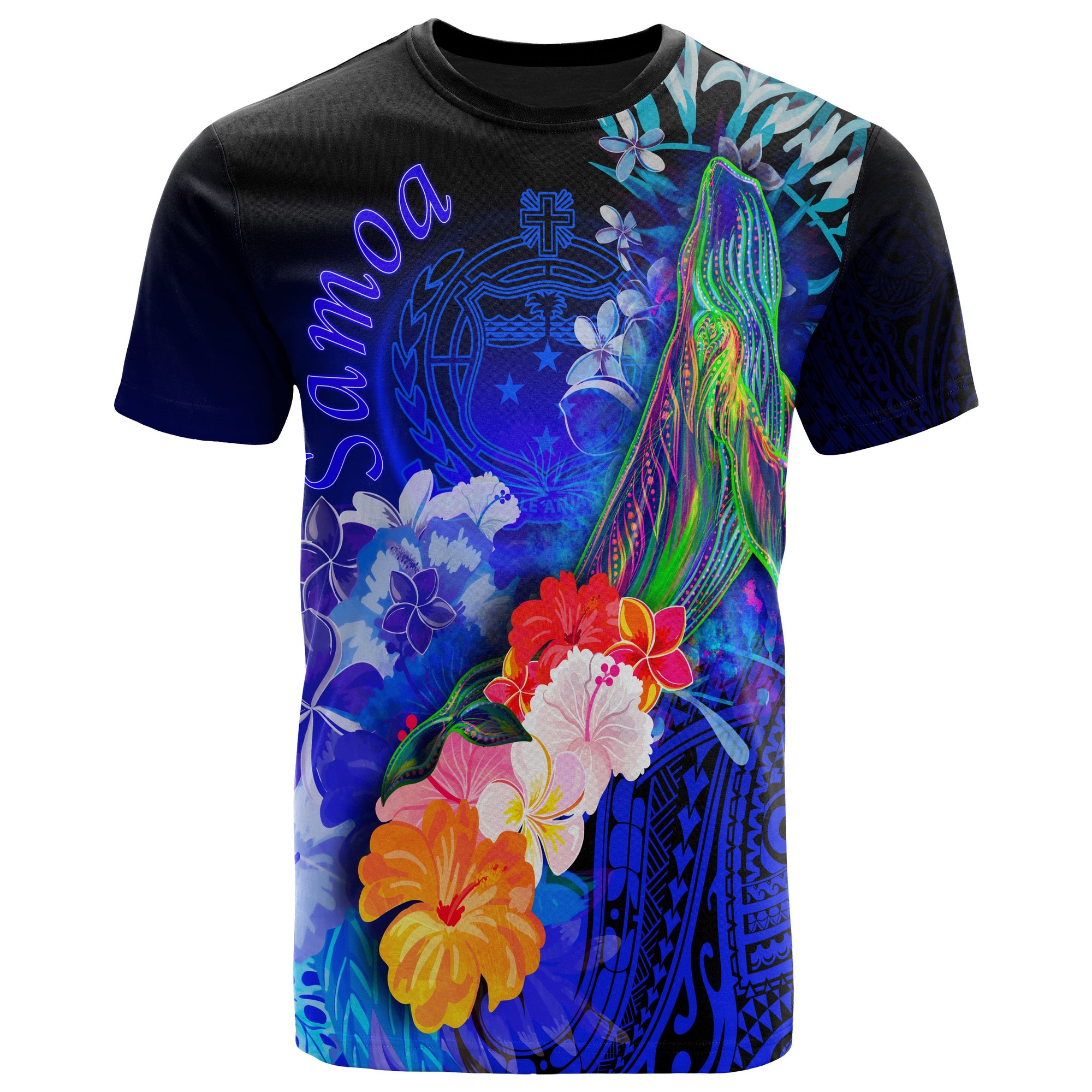 Samoa T Shirt Humpback Whale with Tropical Flowers (Blue) Unisex Blue - Polynesian Pride