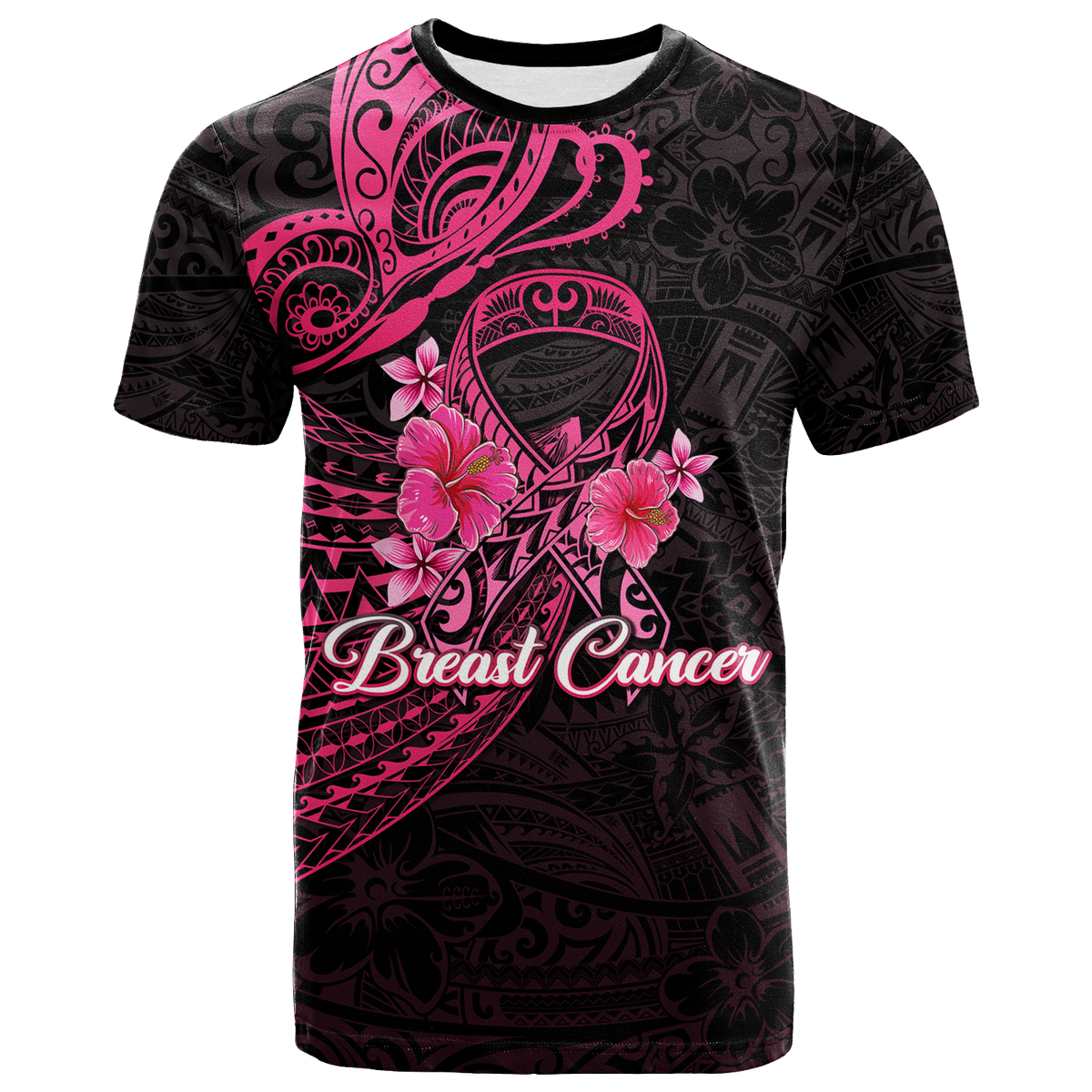 Custom Breast Cancer Pink Ribbon Butterfly Polynesian Black Version T Shirt LT12 Unisex Black - Polynesian Pride