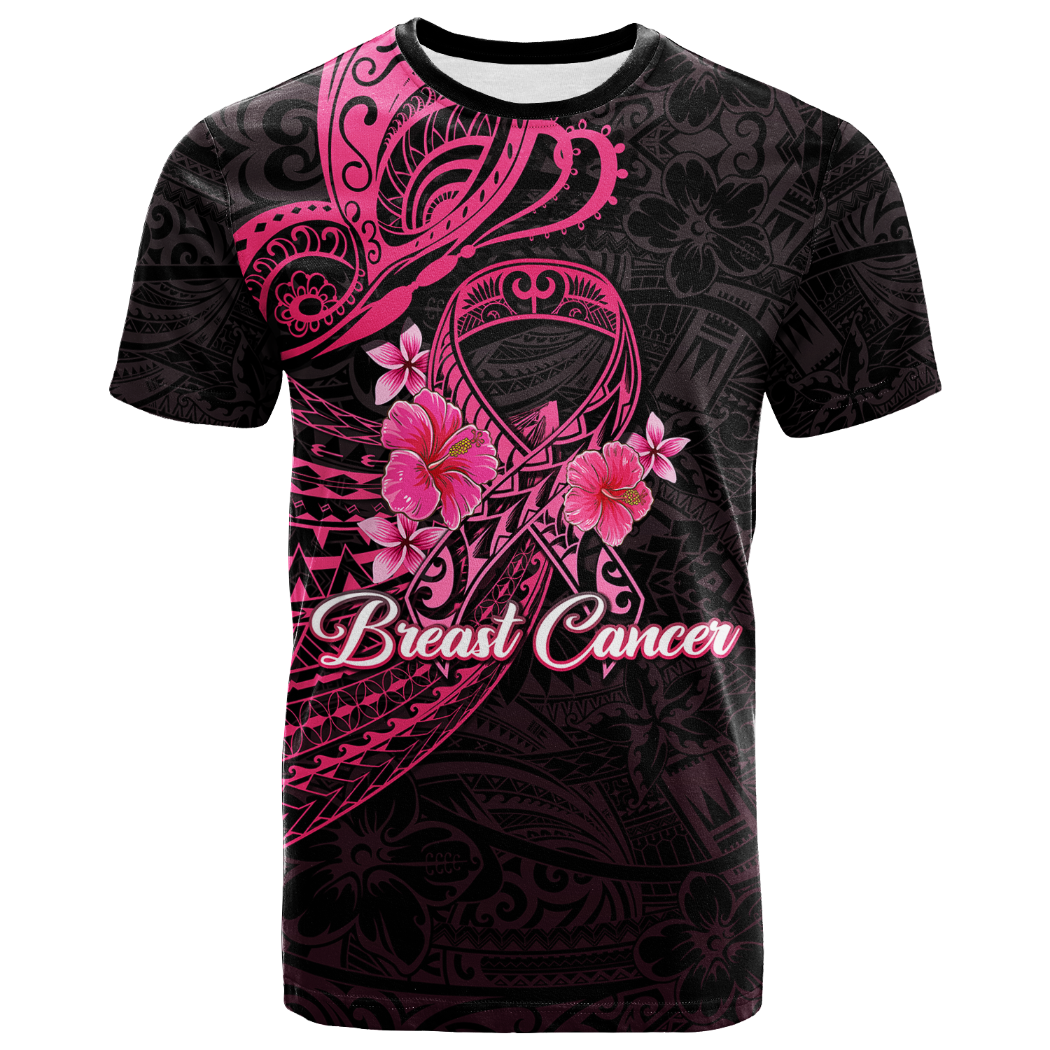 Custom Breast Cancer Pink Ribbon Butterfly Polynesian Black Version T Shirt LT12 Unisex Black - Polynesian Pride