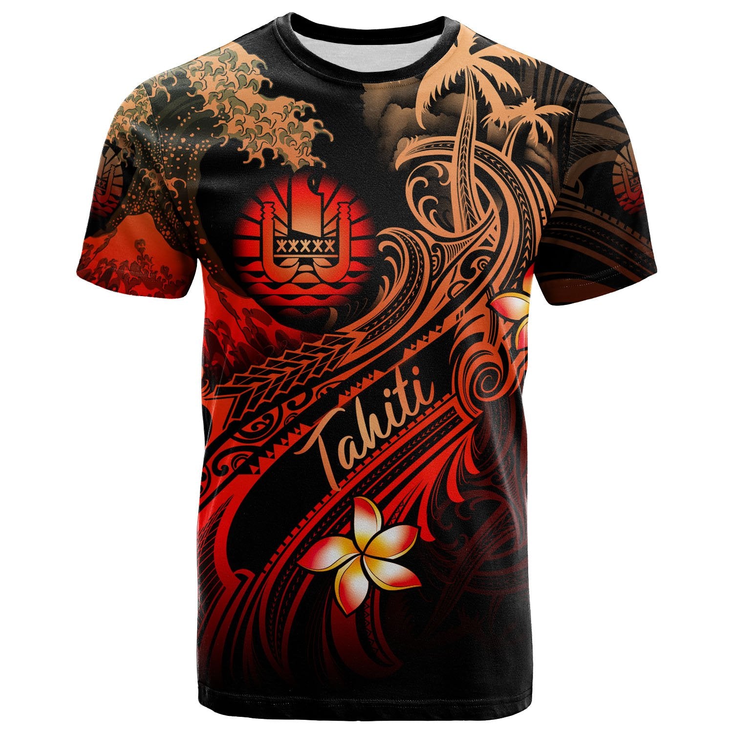 Tahiti Polynesian T Shirt Plumeria Flowers and Waves Unisex Red - Polynesian Pride