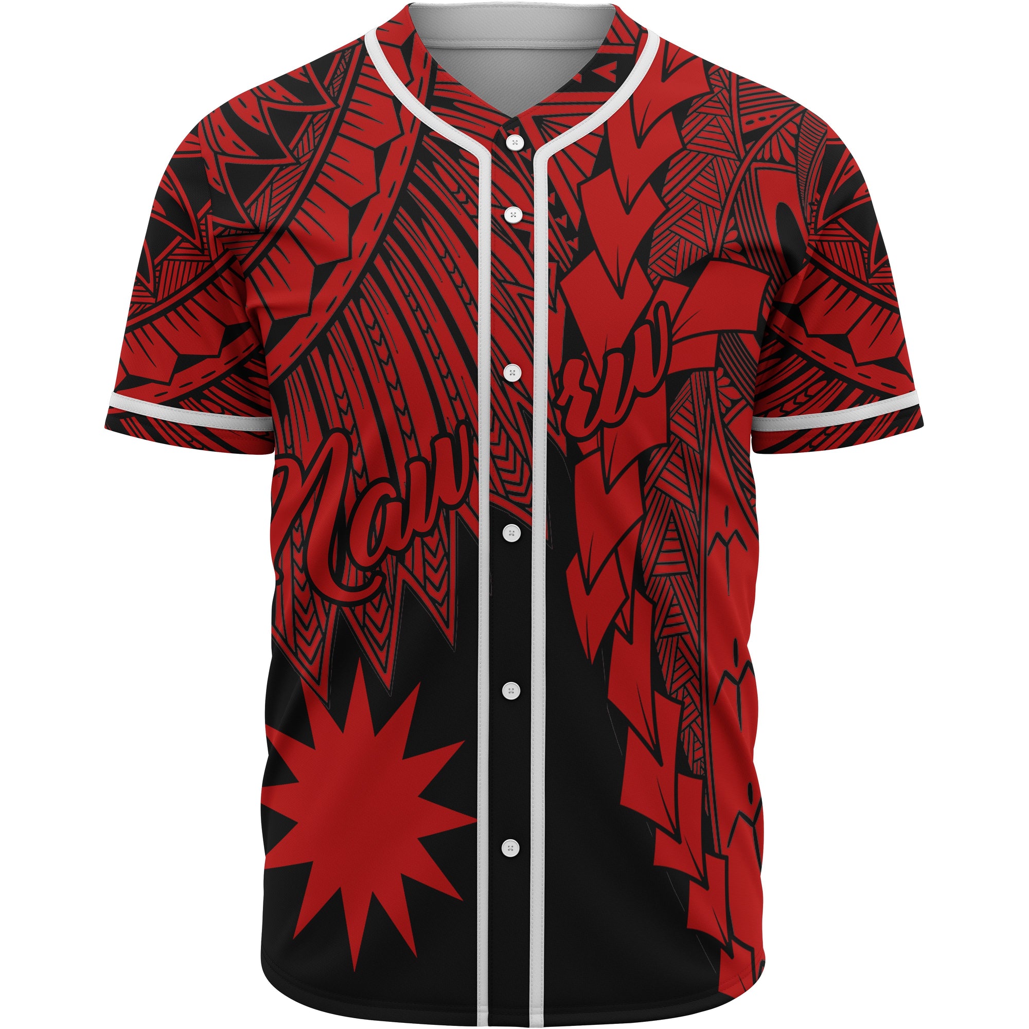 Nauru Polynesian Baseball Shirt - Tribal Wave Tattoo Red Unisex Red - Polynesian Pride