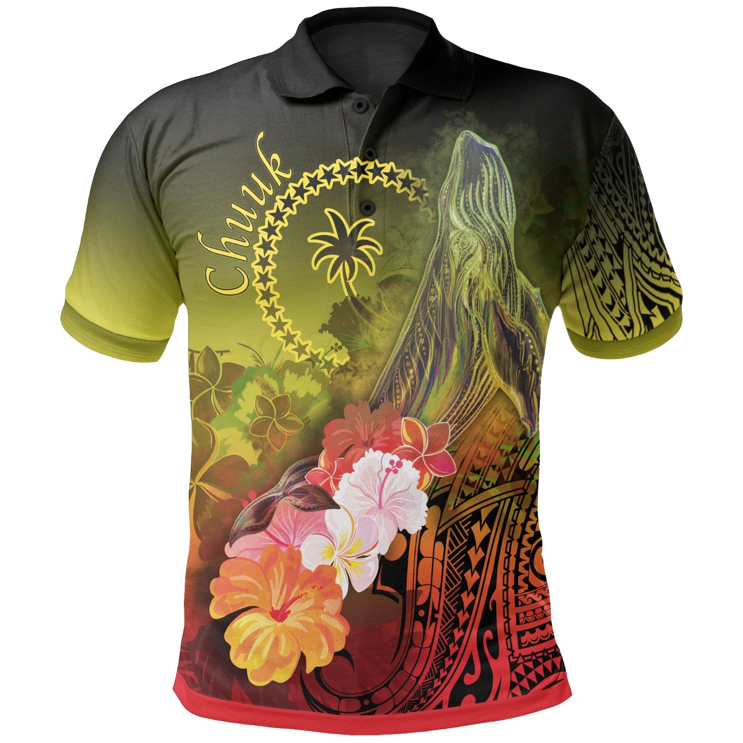 Chuuk Polo Shirt Humpback Whale with Tropical Flowers (Yellow) Unisex Yellow - Polynesian Pride