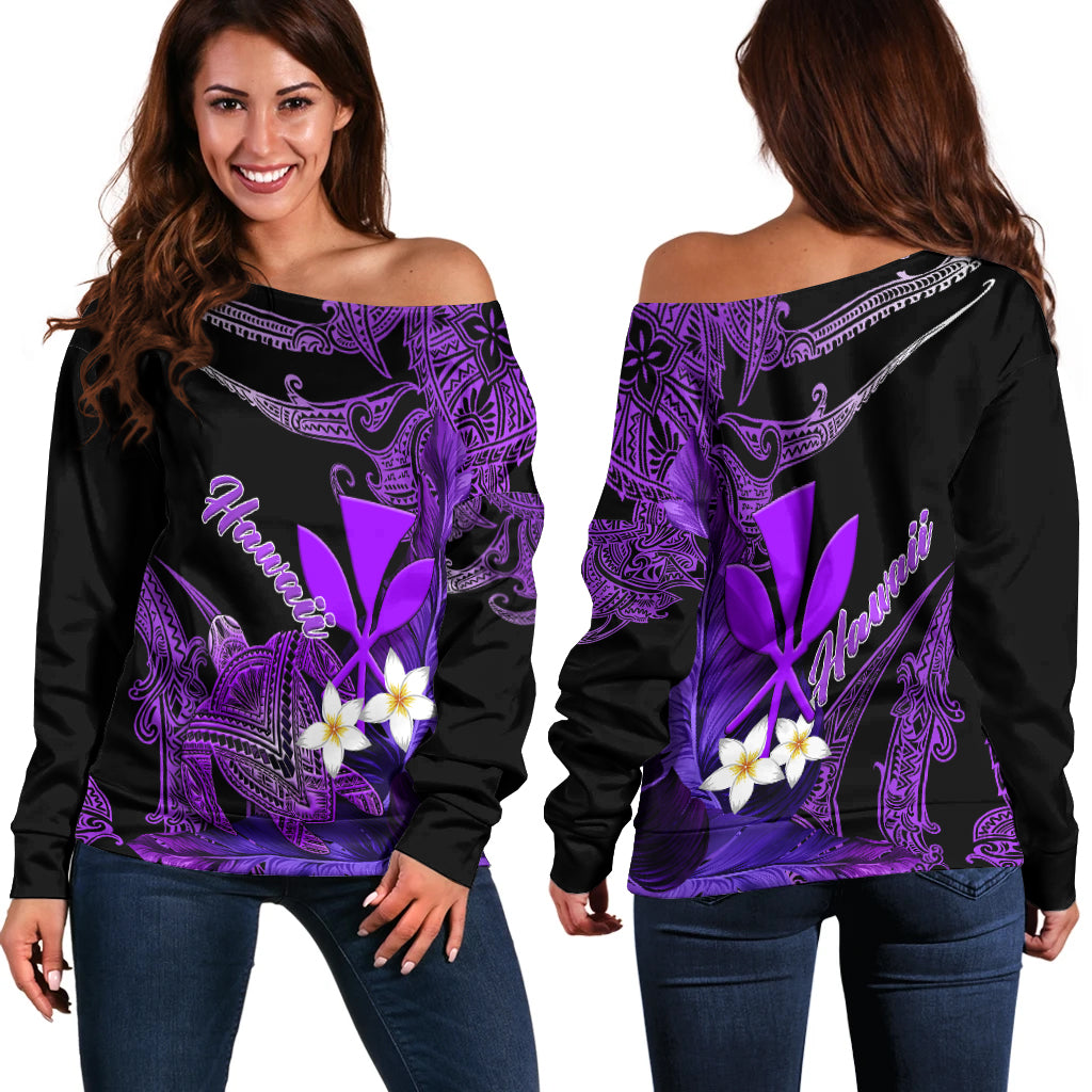 Hawaii Turtle With Plumeria Leaf Purple Women Off Shoulder Sweater - LT12 Women Off Shoulder Sweater Black - Polynesian Pride