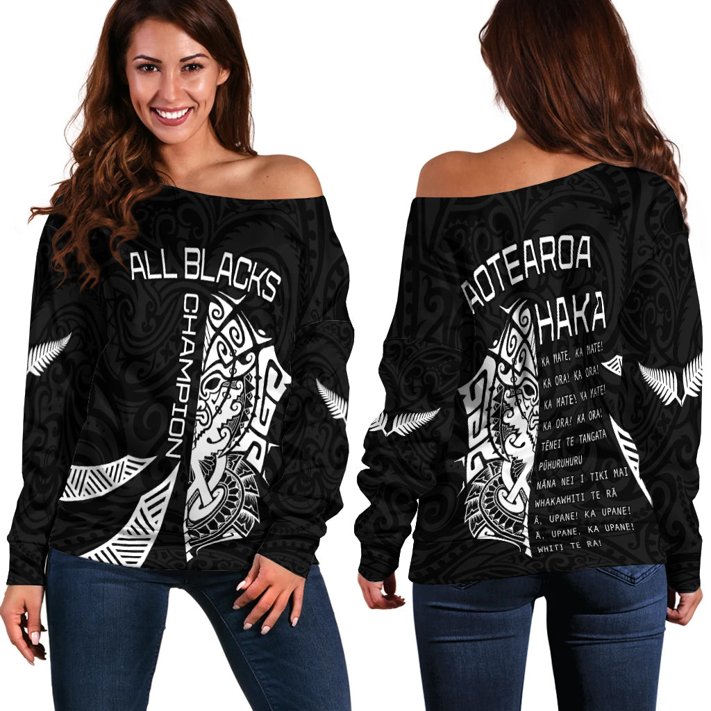 New Zealand Rugby Off Shoulder Sweater Haka All Black mix Ta Moko LT13 Women Black - Polynesian Pride