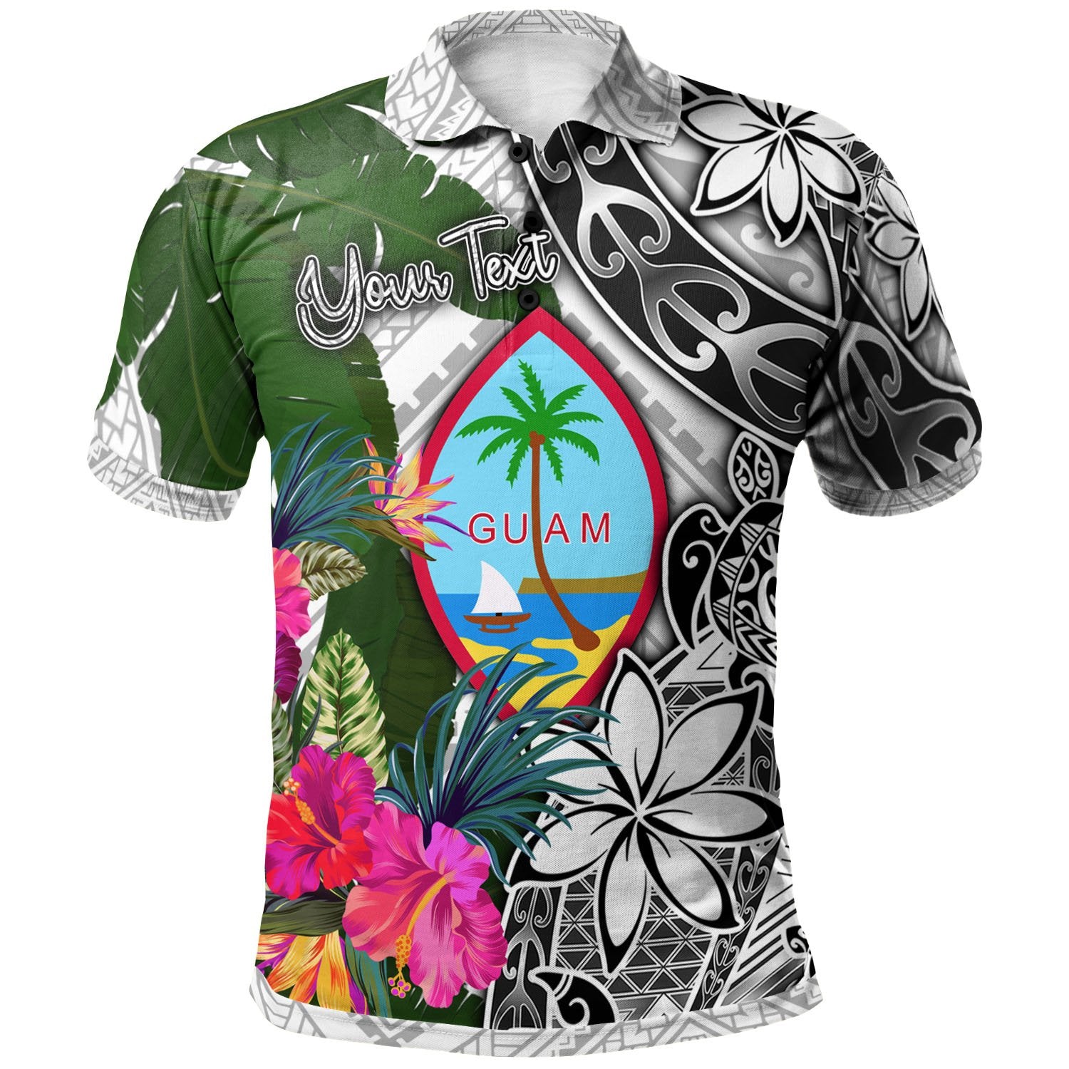 Guam Custom Polo Shirt White Turtle Plumeria Banana Leaf Unisex White - Polynesian Pride