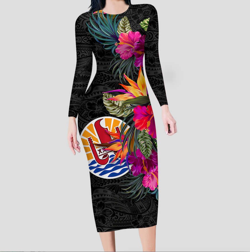 Tahiti Hibiscus Polynesian Tribal Long Sleeves Dress - LT12 Women Black - Polynesian Pride