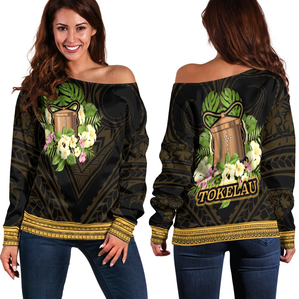 Tokelau Women's Off Shoulder Sweater - Polynesian Gold Patterns Collection Black - Polynesian Pride