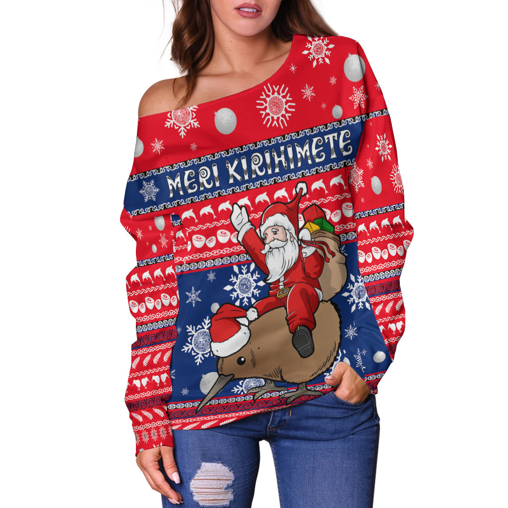 New Zealand Maori Meri Kirihimete Women Off Shoulder Sweater - LT2 Women RED - Polynesian Pride