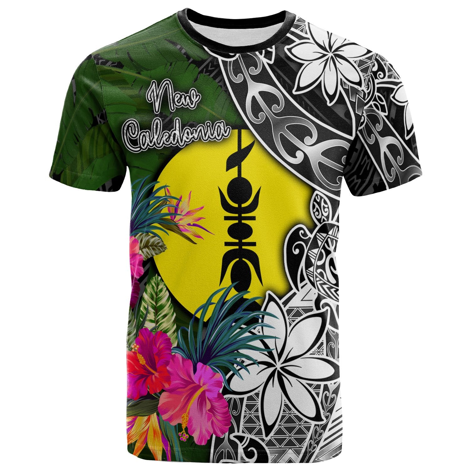 New Caledonia T Shirt Turtle Plumeria Banana Leaf Unisex Black - Polynesian Pride