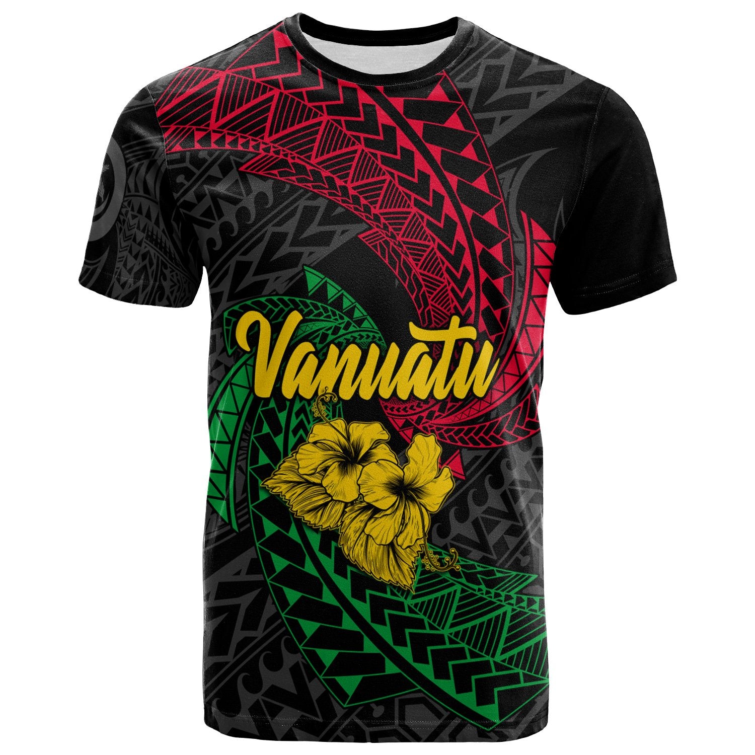 Vanuatu T Shirt Flag Spiral Pattern Hibiscus Unisex BLACK - Polynesian Pride