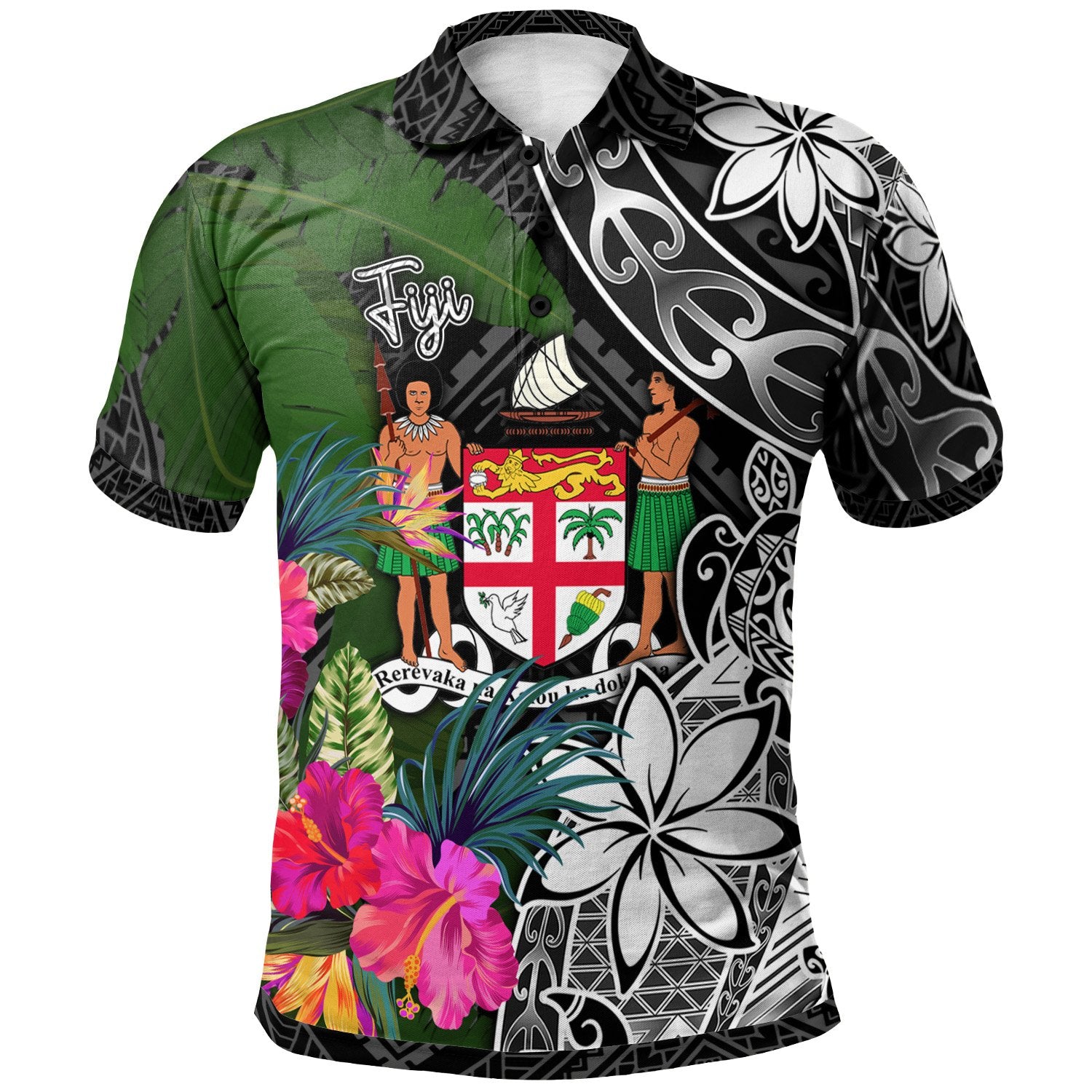 Fiji Polo Shirt Turtle Plumeria Banana Leaf Crest Unisex Black - Polynesian Pride