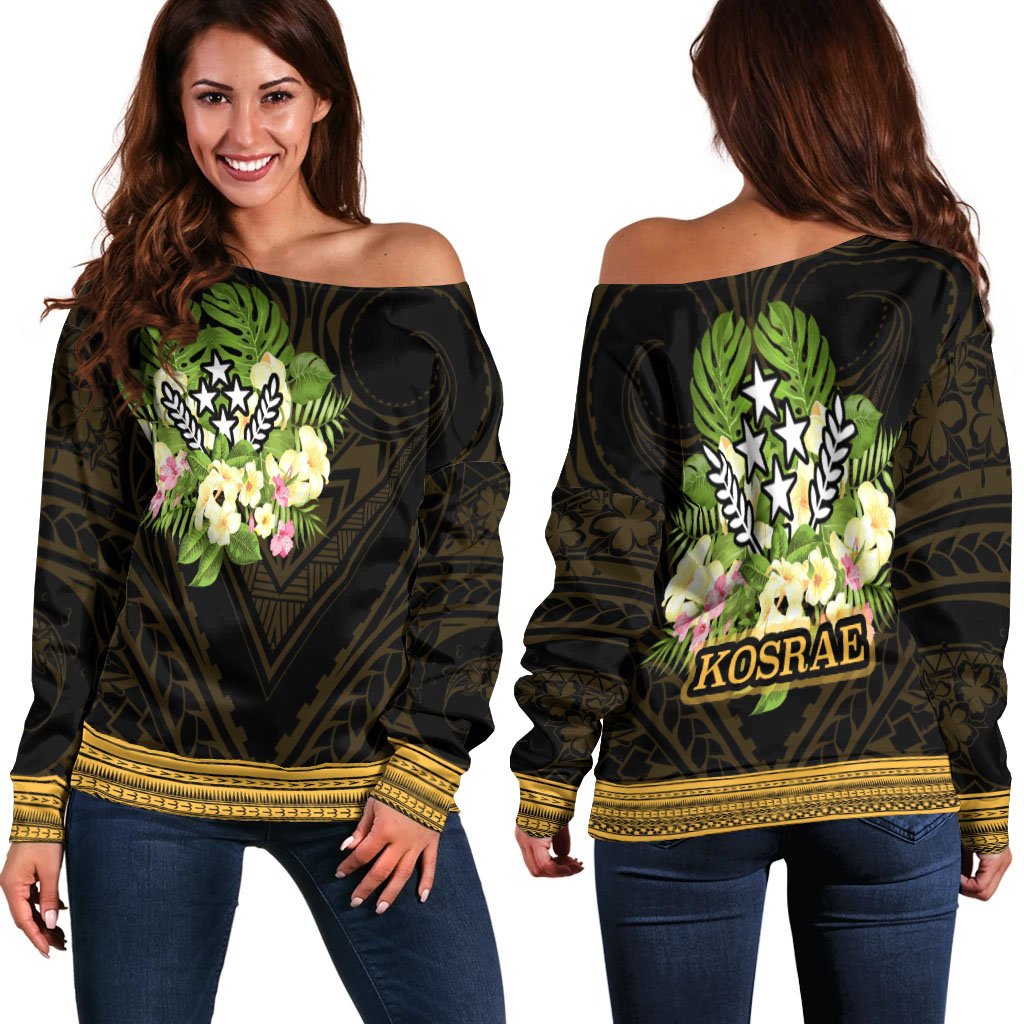 Kosrae State Women's Off Shoulder Sweater - Polynesian Gold Patterns Collection Black - Polynesian Pride