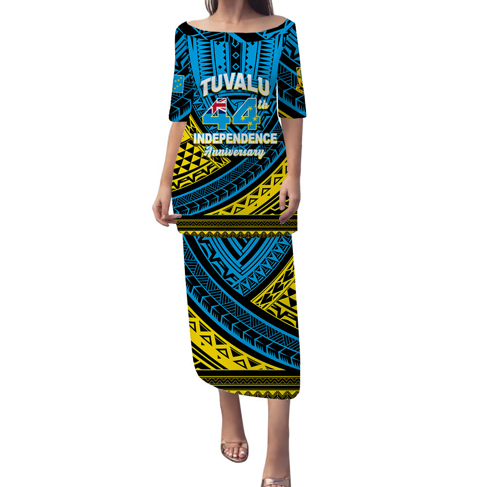 (Custom Personalised) Tuvalu Puletasi Dress 44th Independence Anniversary - Tribal Pattern - LT12 Long Dress Blue - Polynesian Pride