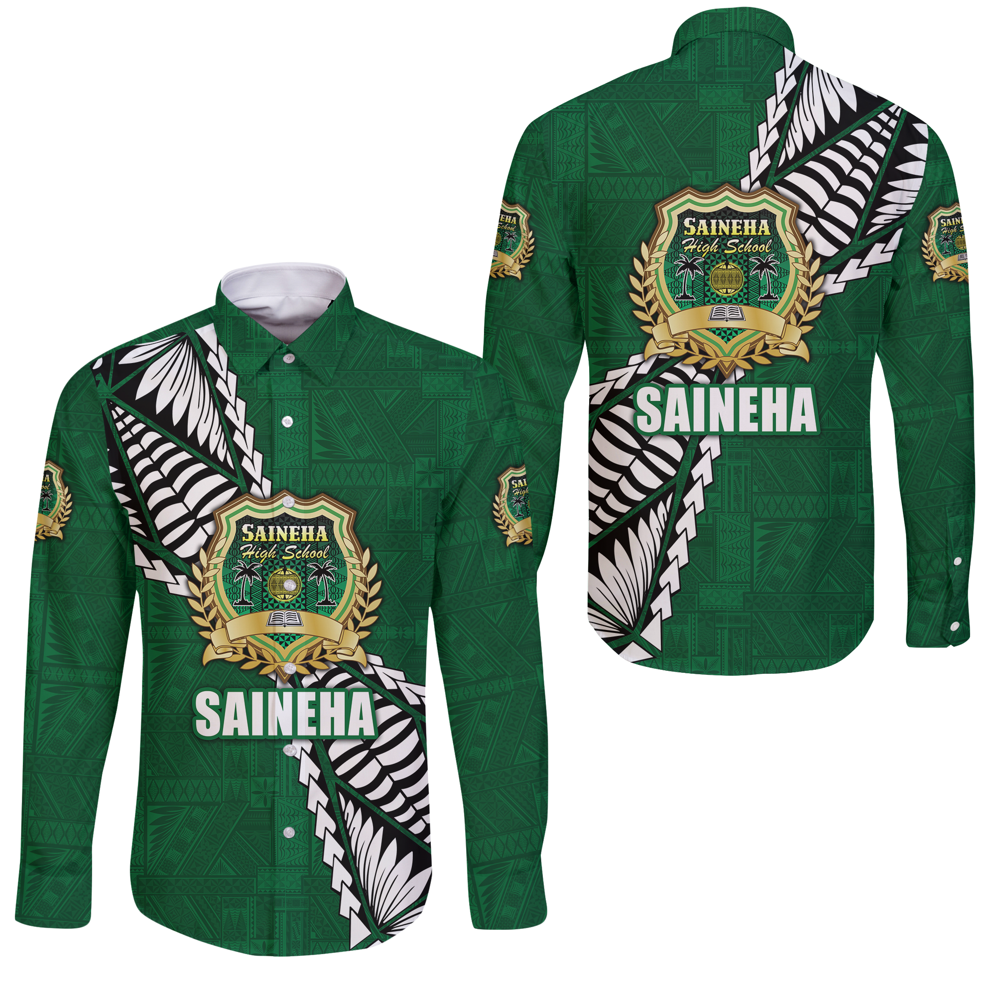 Tonga Saineha High School Tongan Patterns Long Sleeve Button Shirt - LT12 Unisex Green - Polynesian Pride