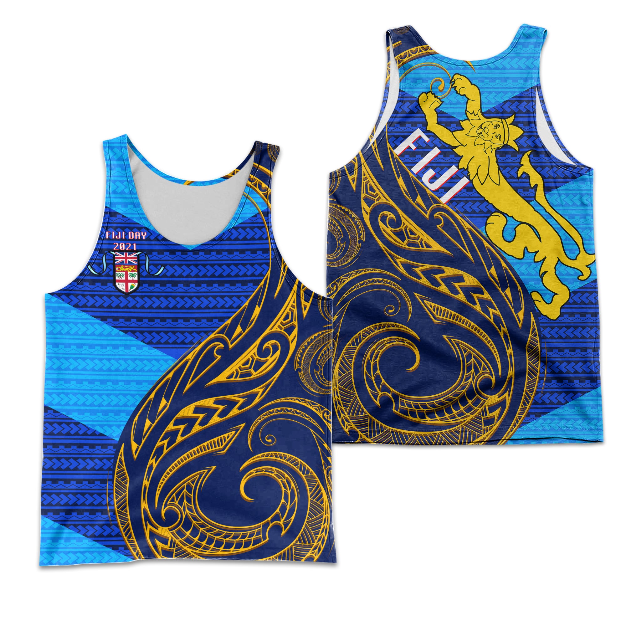 Fiji Men's Tank Top - Flag's Color With Gold Polynesian Pattern - LT20 Black - Polynesian Pride