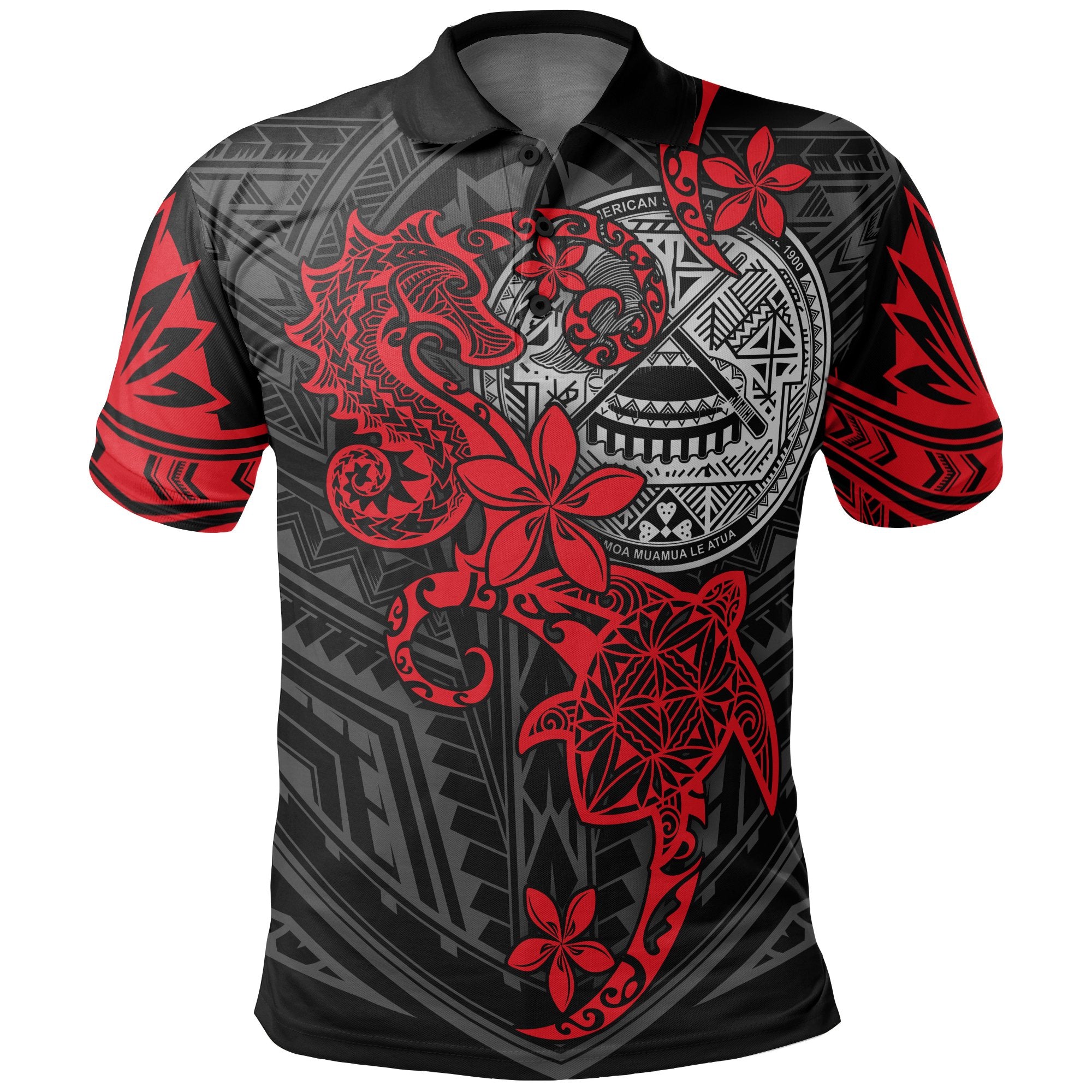 American Samoa Polynesian Polo Shirt Red Seahorse Turtle Unisex RED - Polynesian Pride