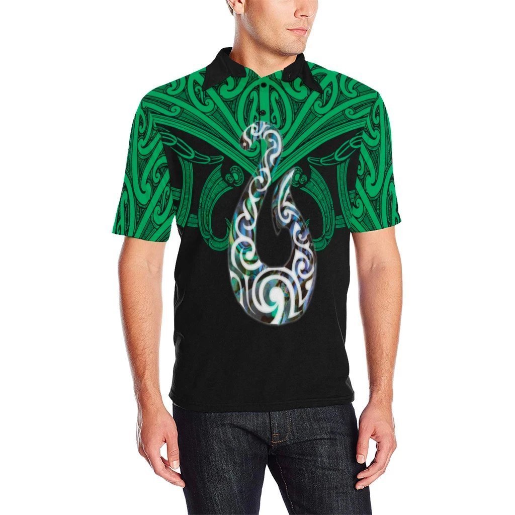 Maori Tattoo Polo Shirt Hei Matau Abalone Green Unisex Black - Polynesian Pride