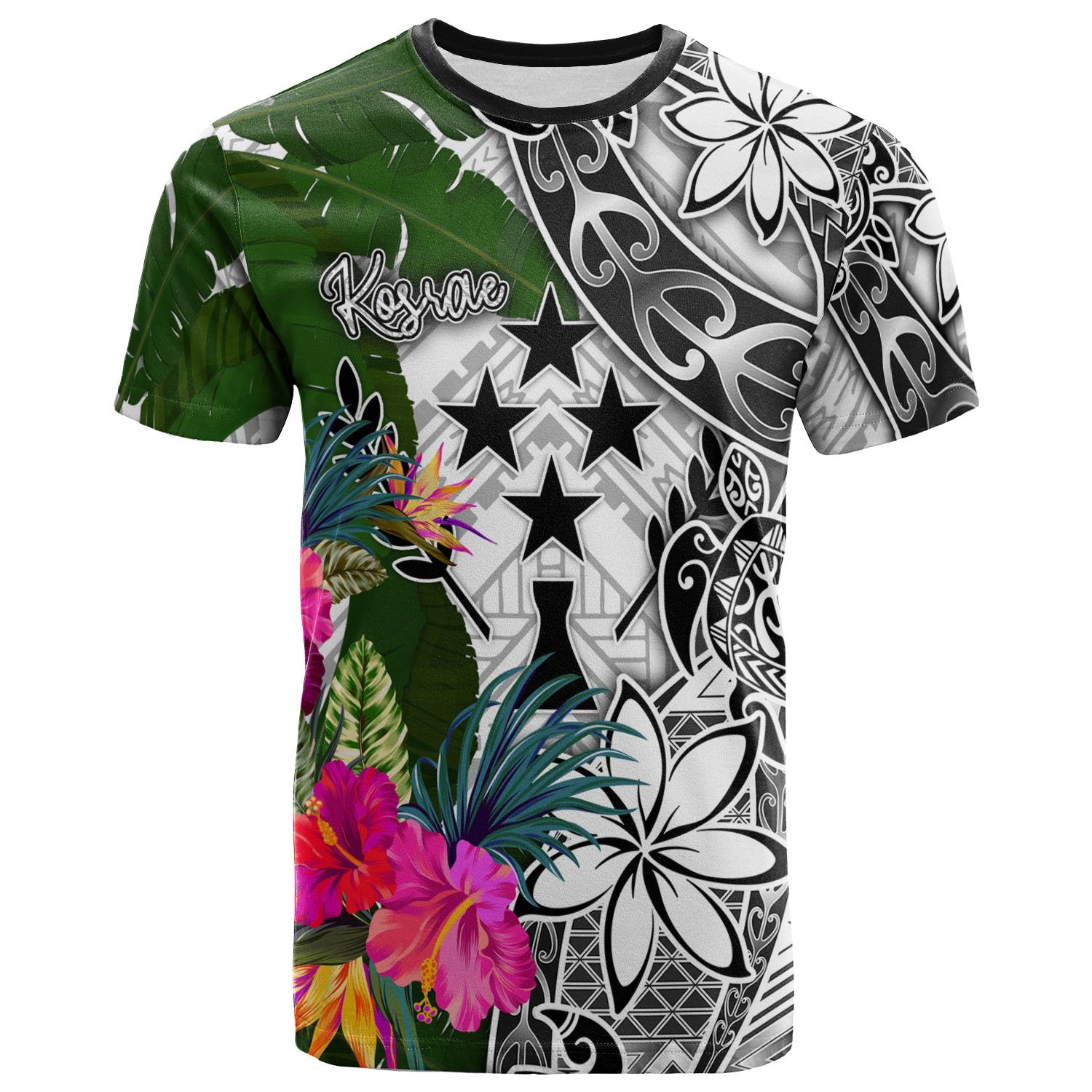 Kosrae T Shirt White Turtle Plumeria Banana Leaf Unisex Art - Polynesian Pride