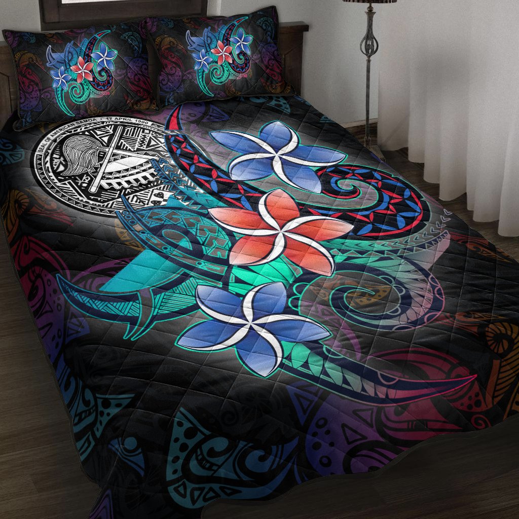 American Samoa Quilt Bed Set - Plumeria Flowers Style Black - Polynesian Pride