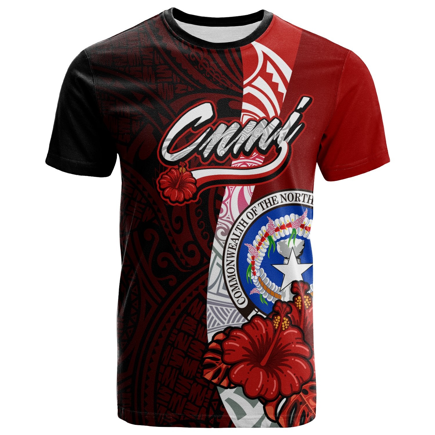 Northern Mariana Islands Polynesian T Shirt Coat Of Arm With Hibiscus Unisex Red - Polynesian Pride