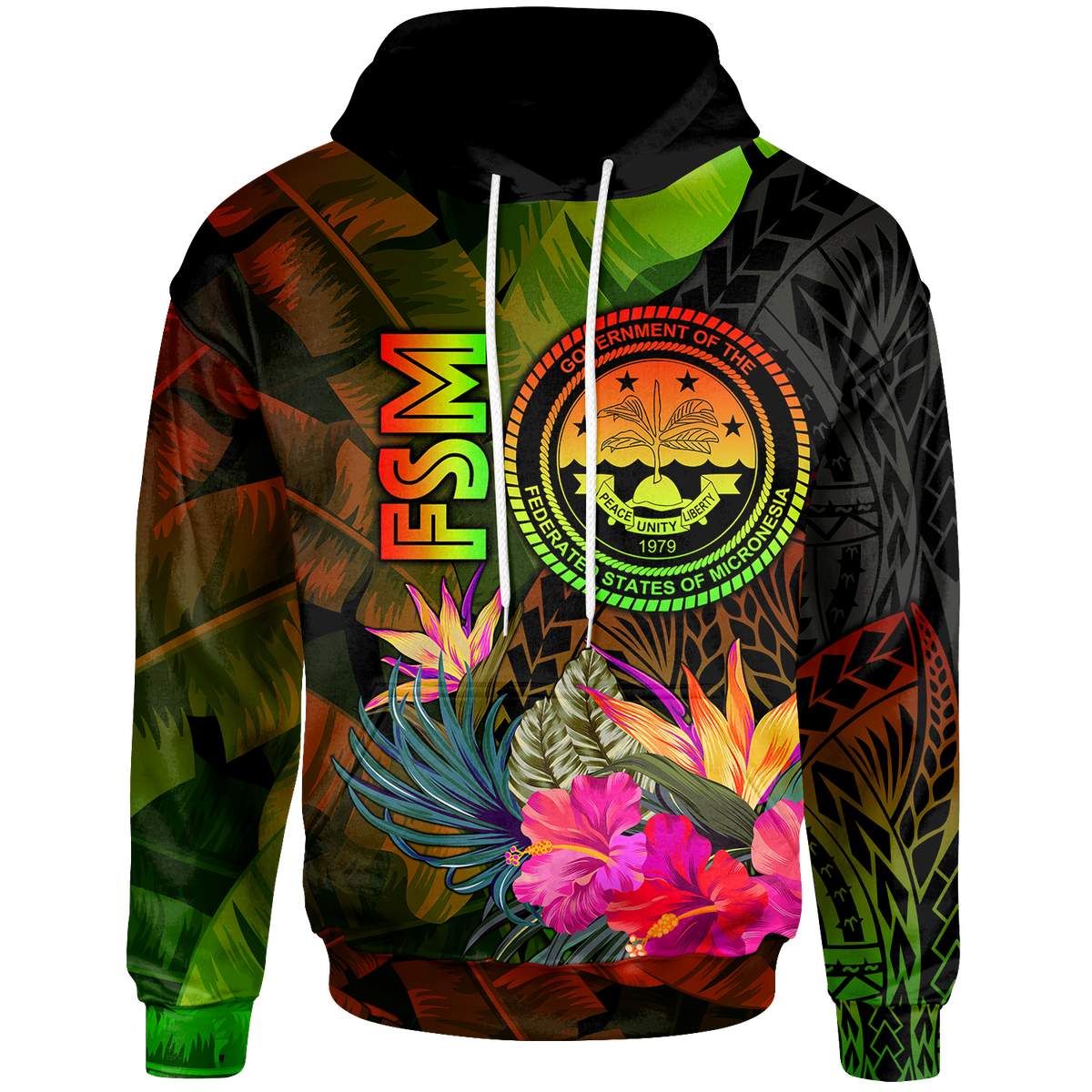 Federated States of Micronesia Polynesian Hoodie Hibiscus and Banana Leaves Unisex Reggae - Polynesian Pride