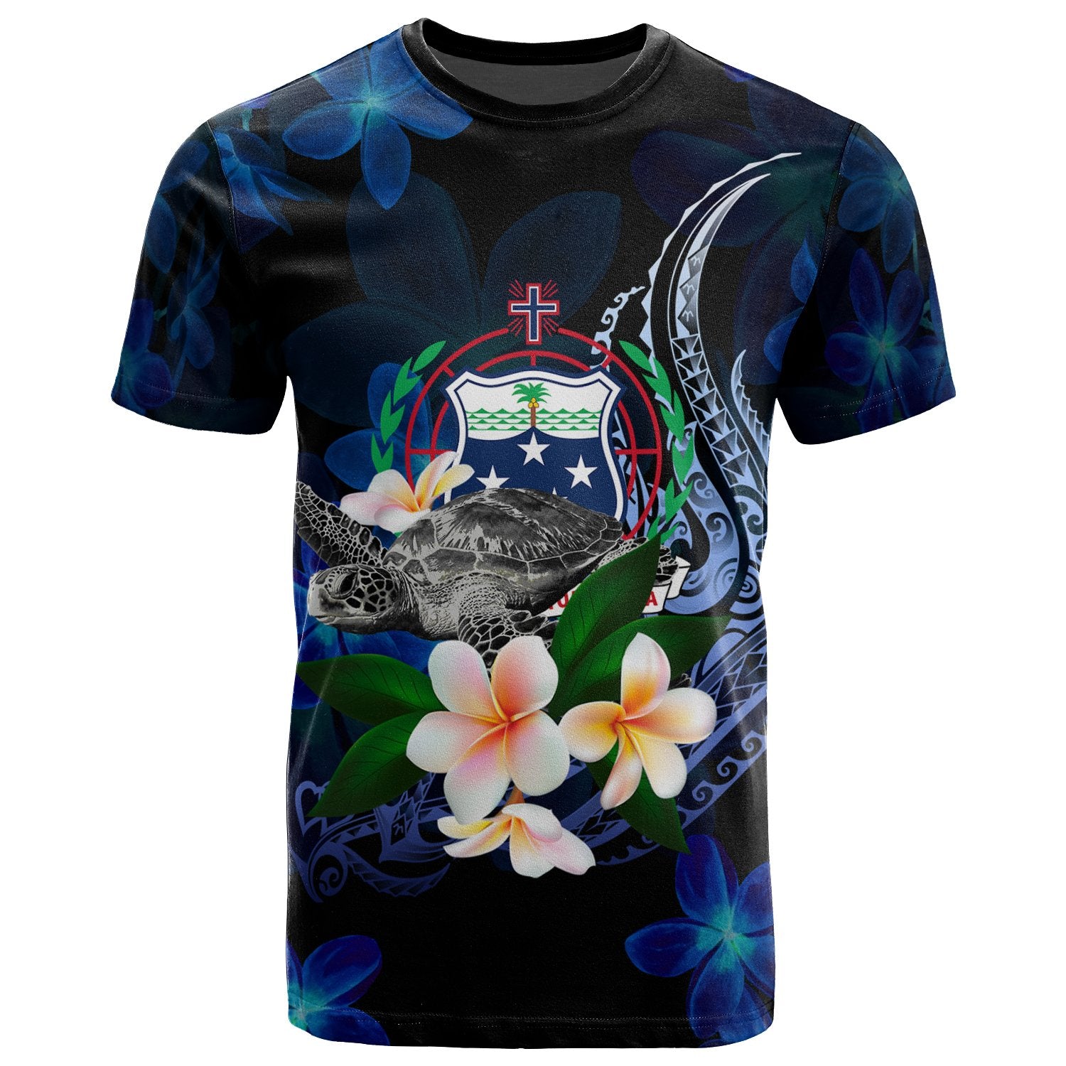 Samoa Polynesian T Shirt Turtle With Plumeria Flowers Unisex Blue - Polynesian Pride