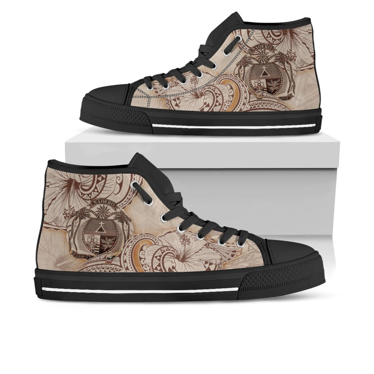 Nauru High Top Shoes - Hibiscus Flowers Vintage Style Unisex Black - Polynesian Pride