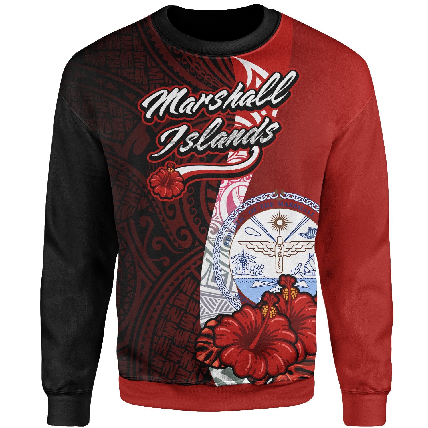 Marshall Islands Polynesian Sweater - Coat Of Arm With Hibiscus Unisex Red - Polynesian Pride