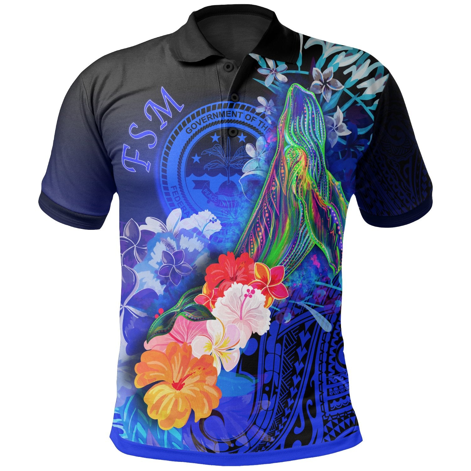 Fsm Polo Shirt Humpback Whale with Tropical Flowers (Blue) Unisex Blue - Polynesian Pride