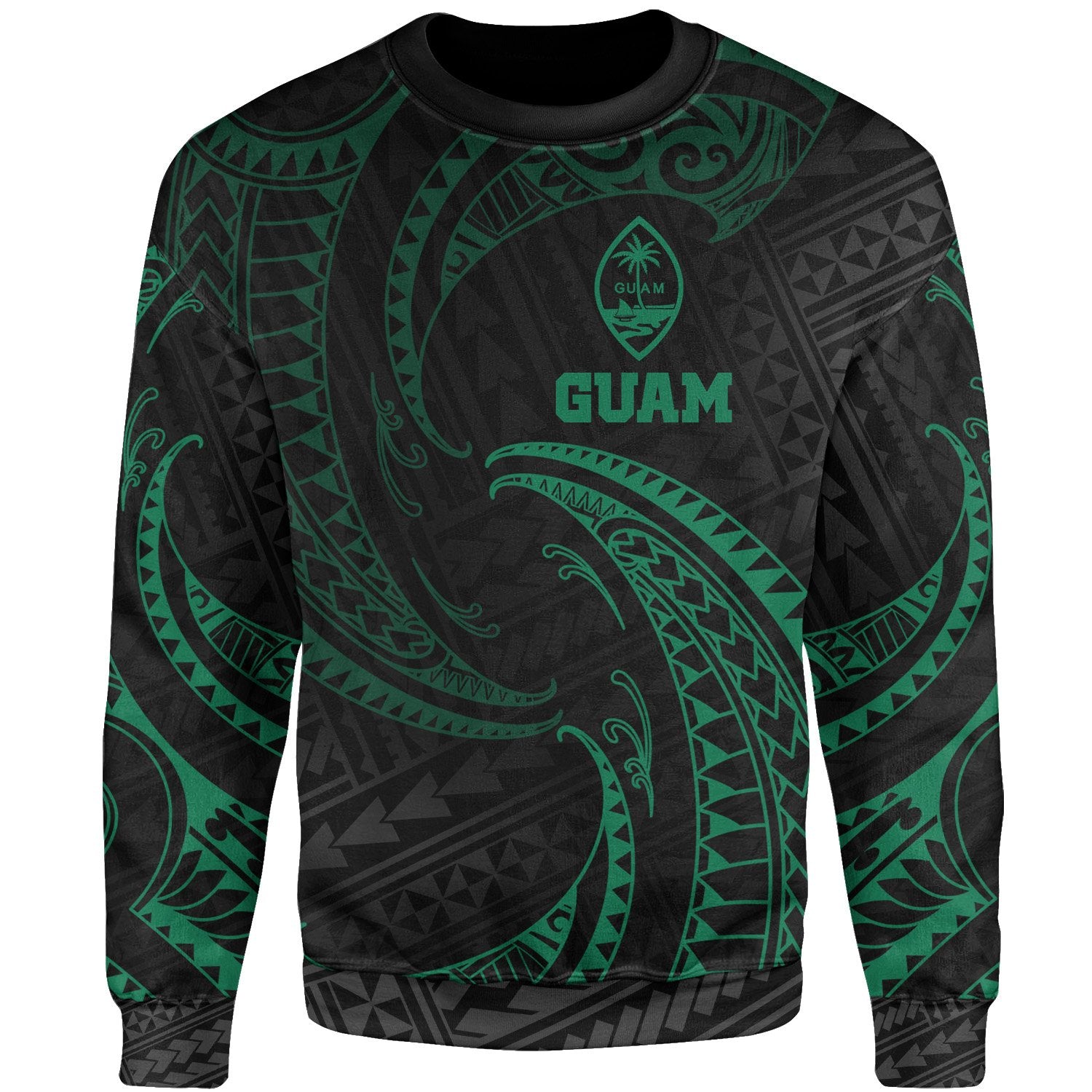 Guam Polynesian Sweater - Green Tribal Wave Unisex Green - Polynesian Pride