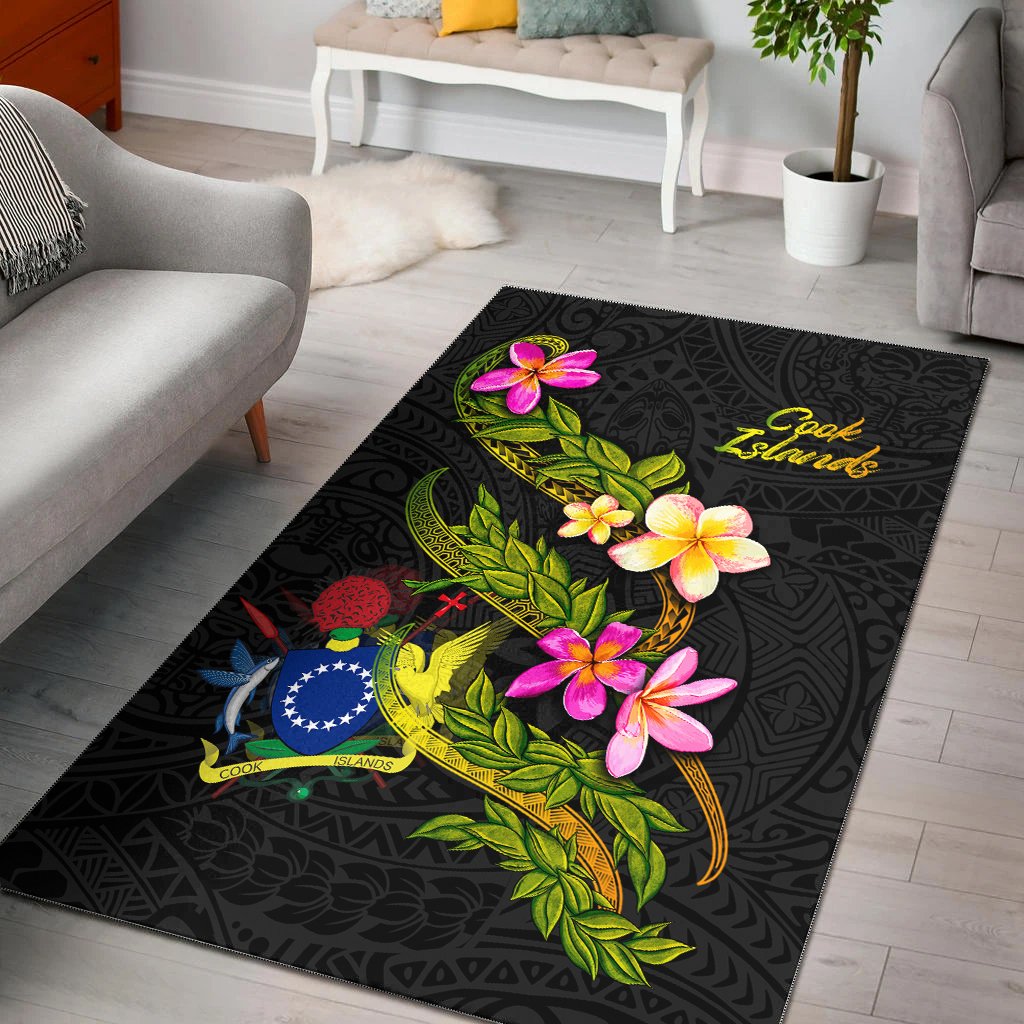 Cook Islands Polynesian Area Rug - Plumeria Tribal Black - Polynesian Pride