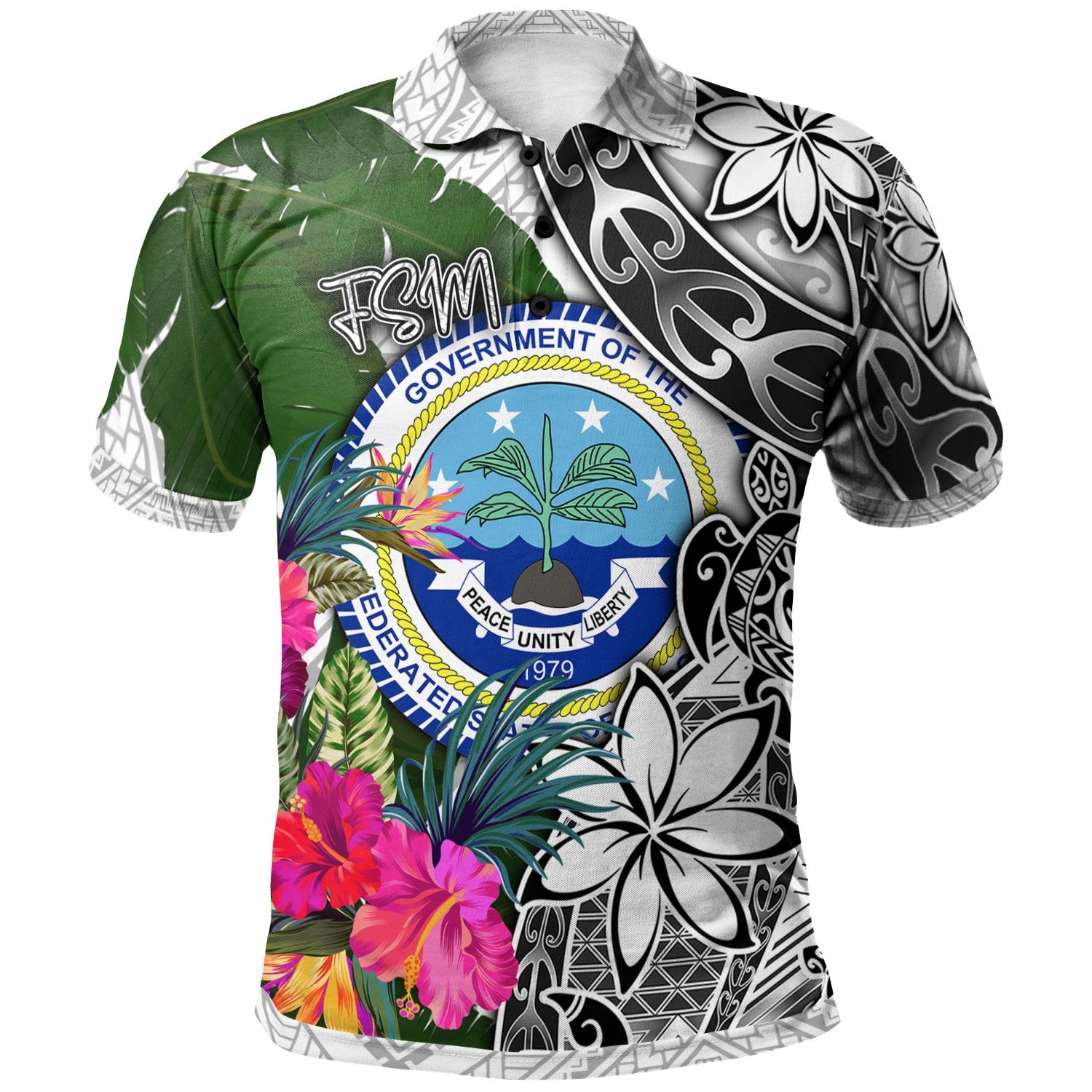 Federated States of Micronesia Polo Shirt White Turtle Plumeria Banana Leaf Unisex White - Polynesian Pride