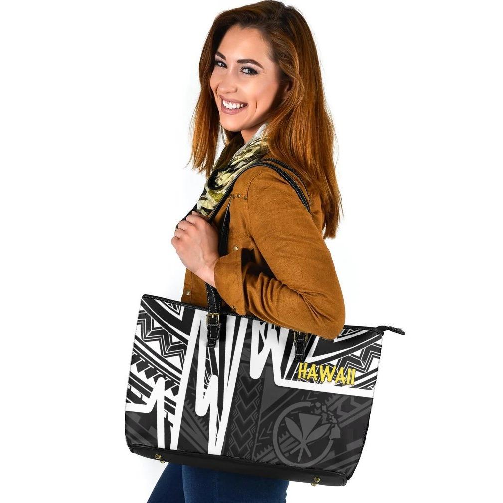 Hawaii Leather Tote Bag - Kanaka Maoli With Polynesian Pattern In Heartbeat Style (Black,White) White - Polynesian Pride