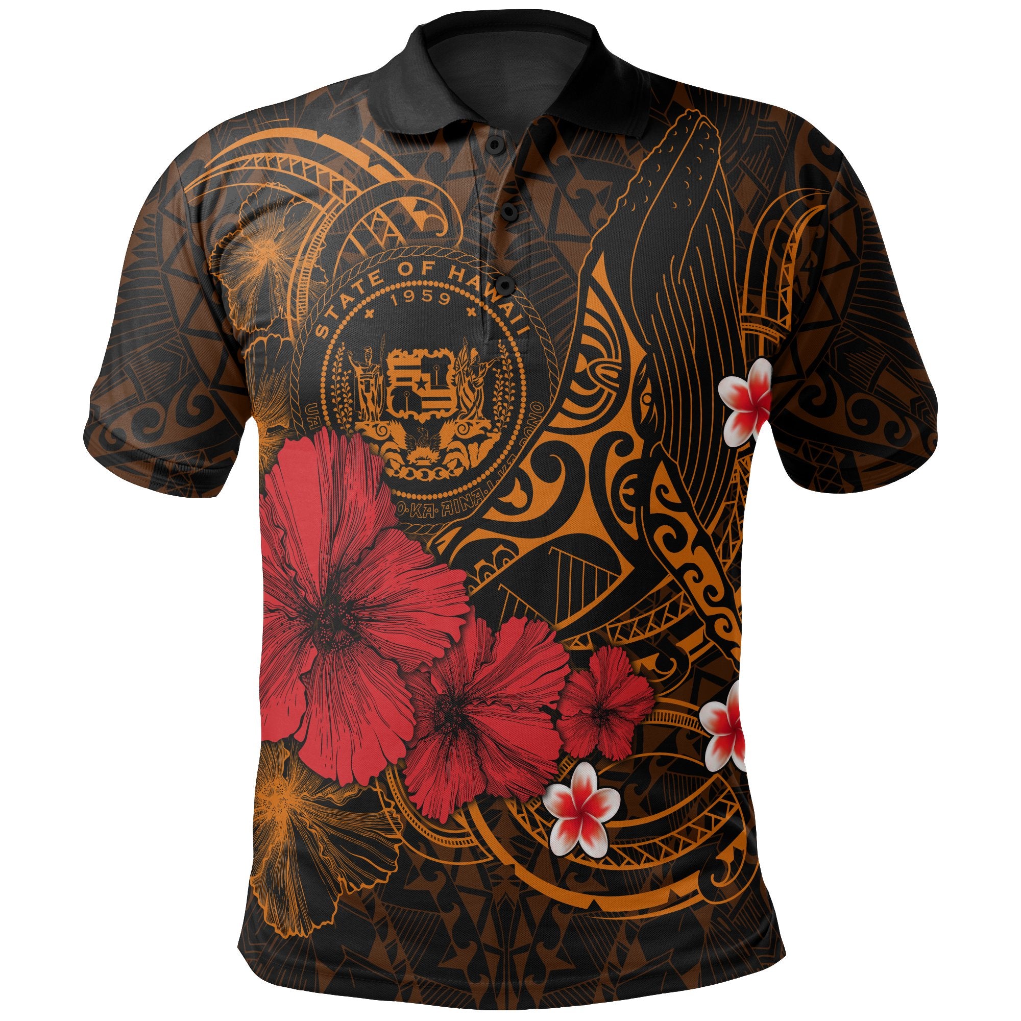 Polynesian Hawaii Polo Shirt Humpback Whale with Hibiscus (Golden) Unisex Golden - Polynesian Pride