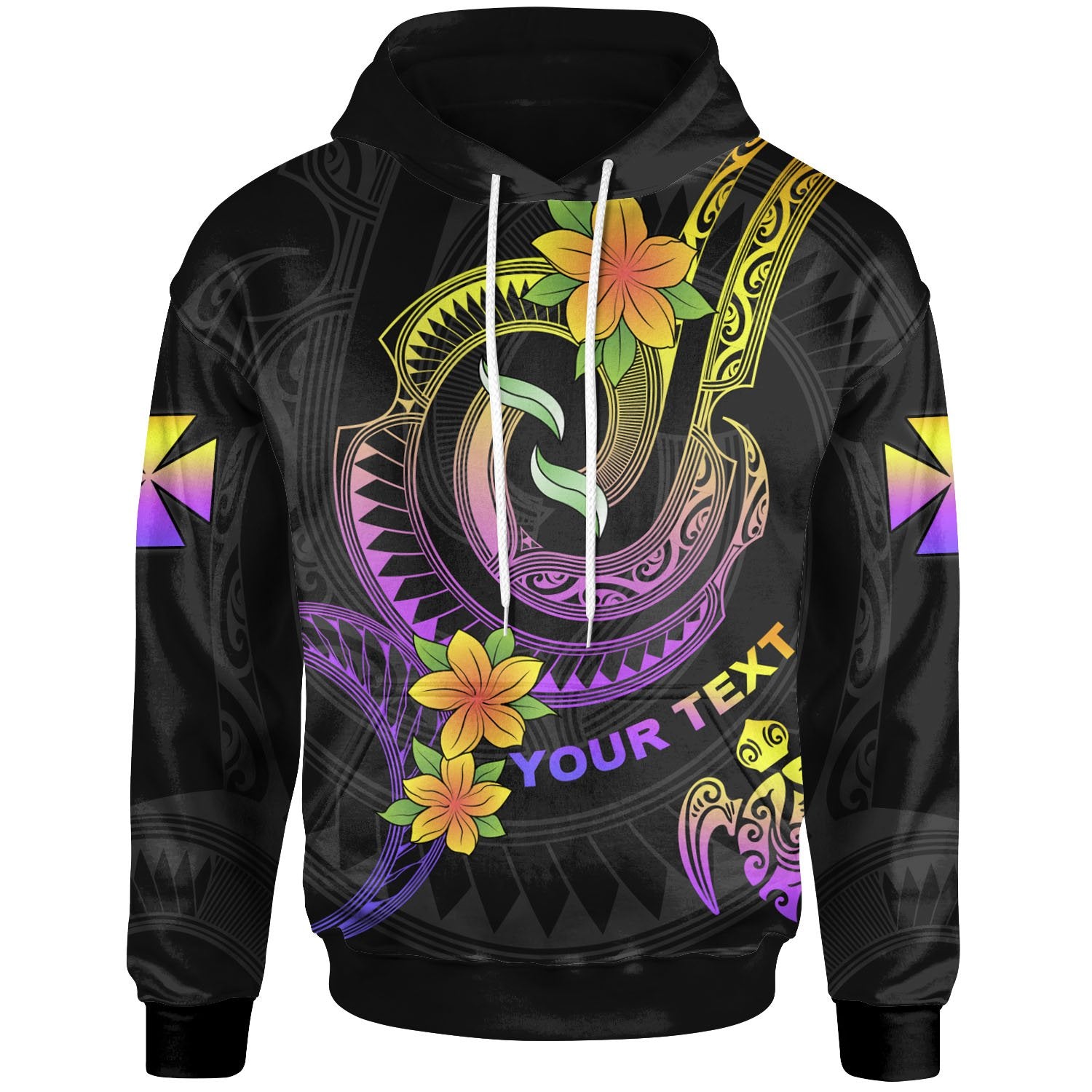 Wallis and Futuna Custom Hoodie Plumeria Flowers with Spiral Patterns Unisex Black - Polynesian Pride