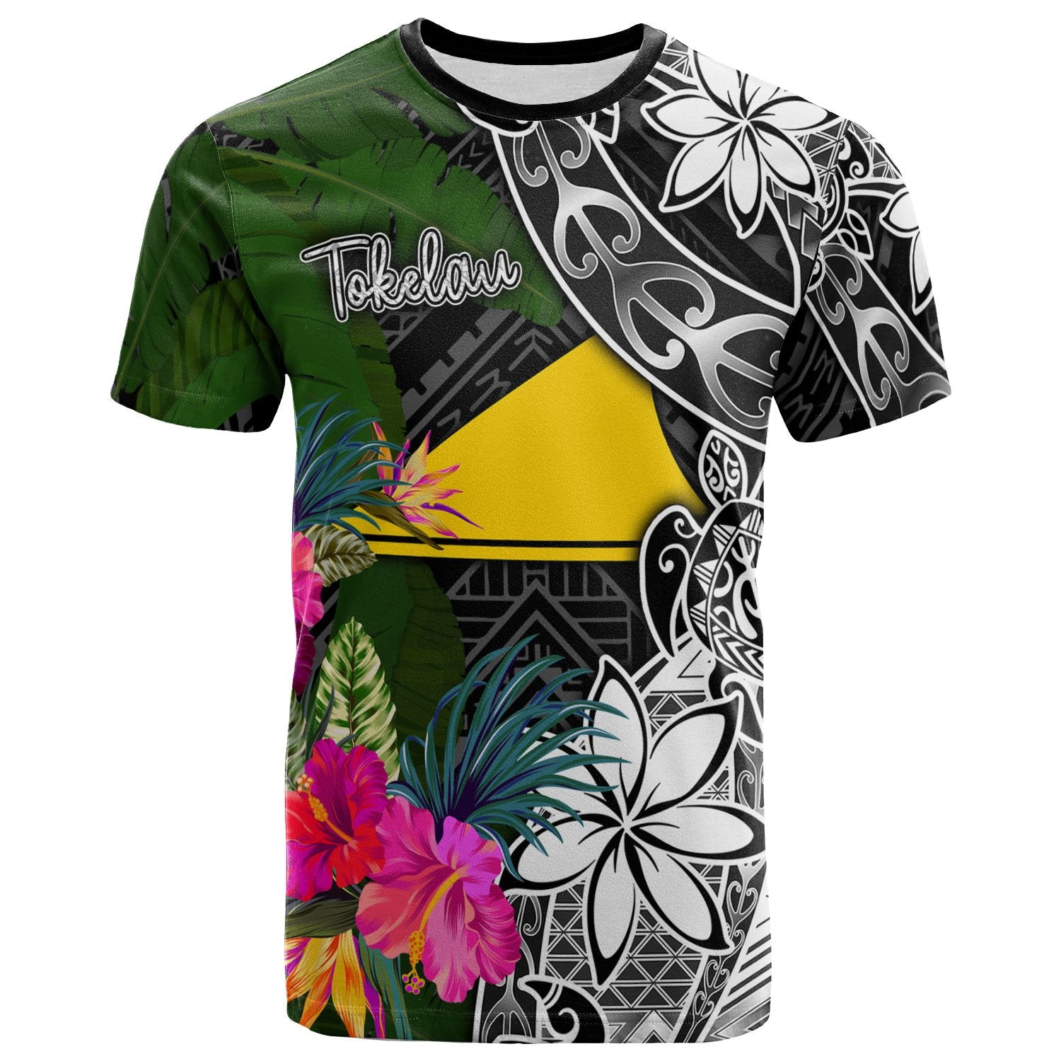 Tokelau T Shirt Turtle Plumeria Banana Leaf Unisex Black - Polynesian Pride