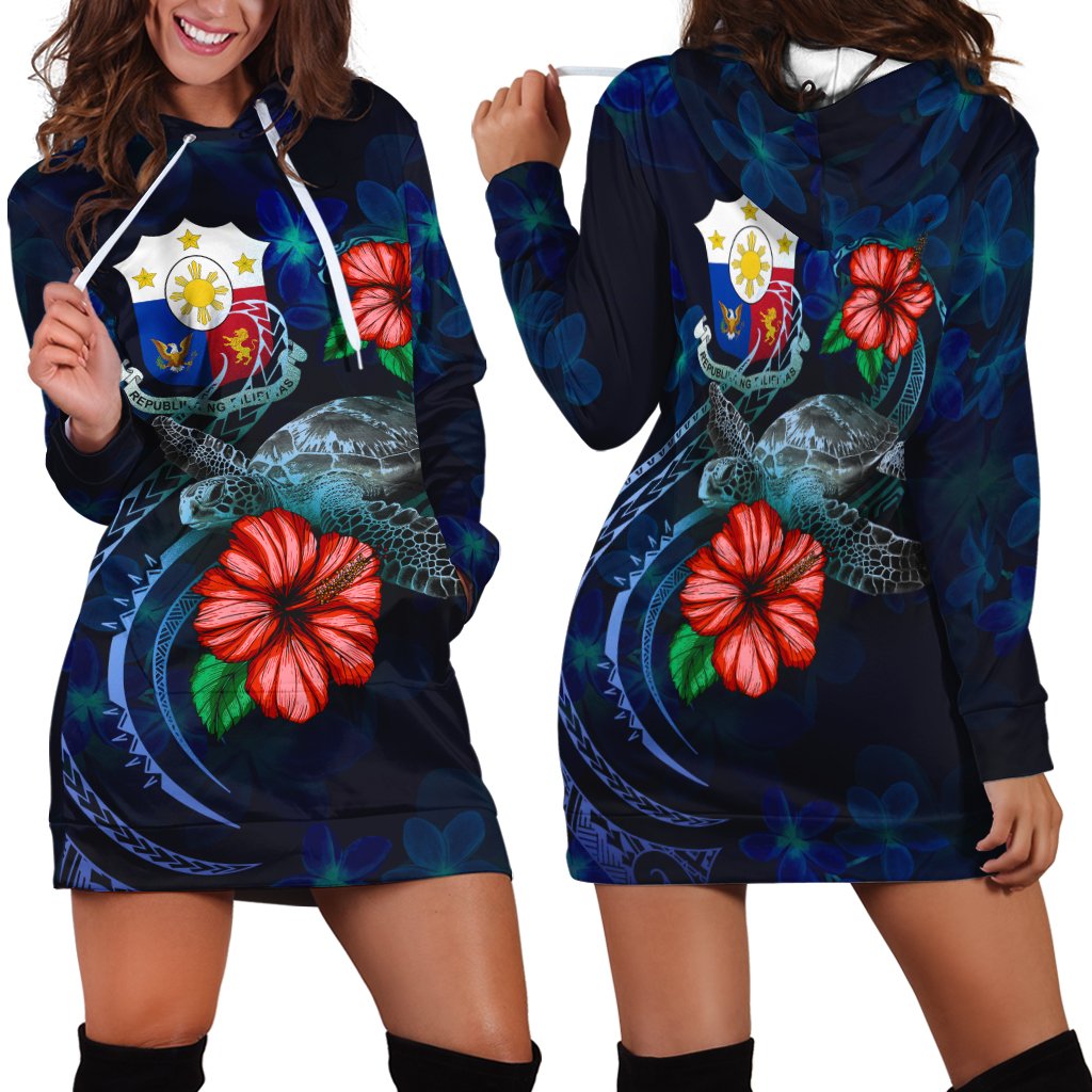 Philippines Polynesian Hoodie Dress - Blue Turtle Hibiscus Blue - Polynesian Pride