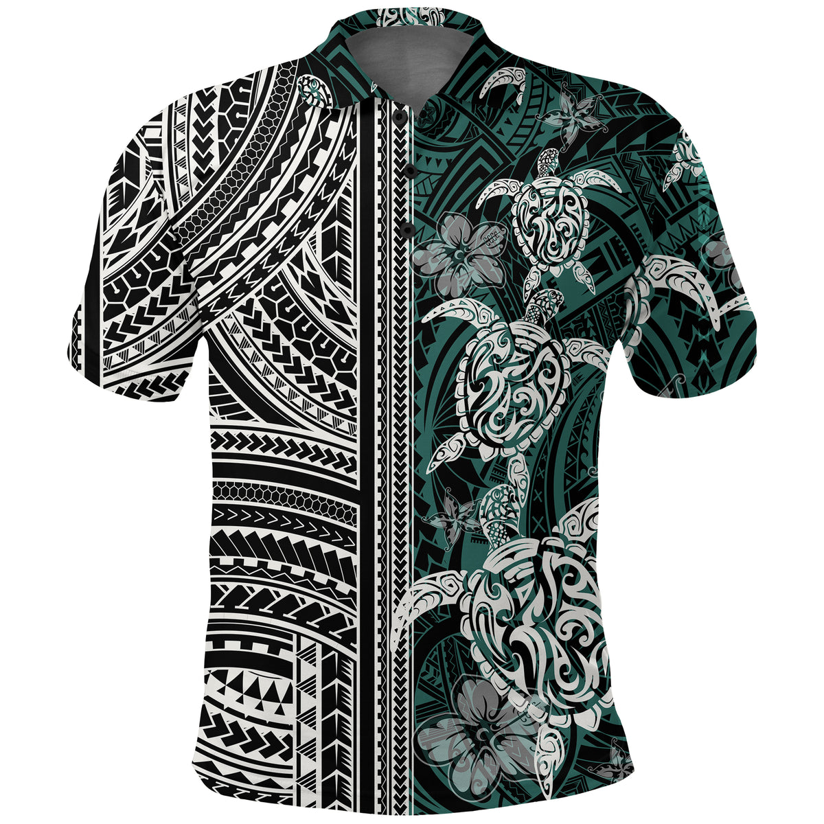 Polynesian Polo Shirt Turtle With Ethnic Motives and Floral Elements LT20 Unisex Green - Polynesian Pride