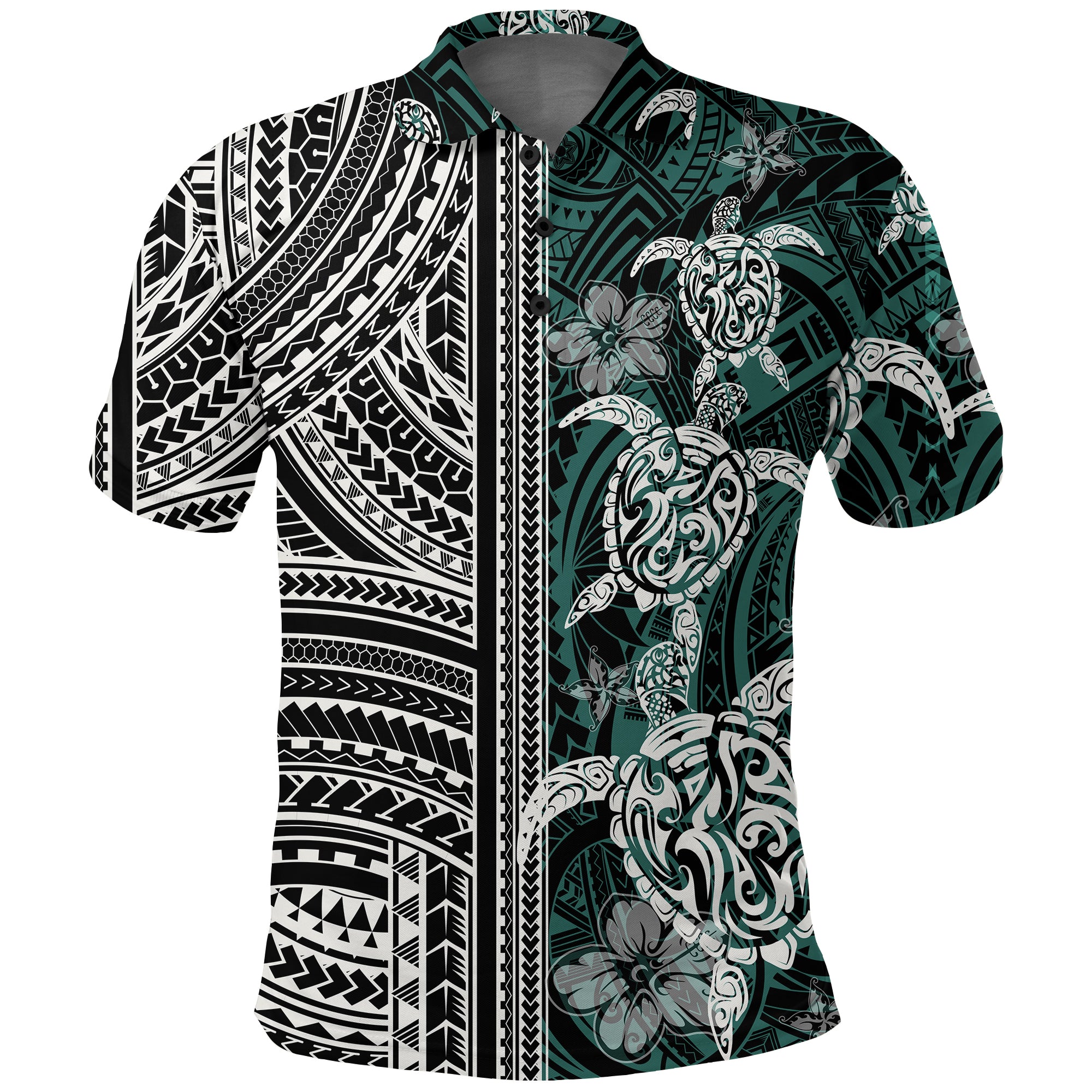 Polynesian Polo Shirt Turtle With Ethnic Motives and Floral Elements LT20 Unisex Green - Polynesian Pride
