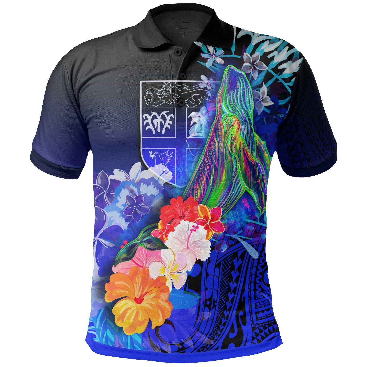 Fiji Polo Shirt Humpback Whale with Tropical Flowers (Blue) Unisex Blue - Polynesian Pride