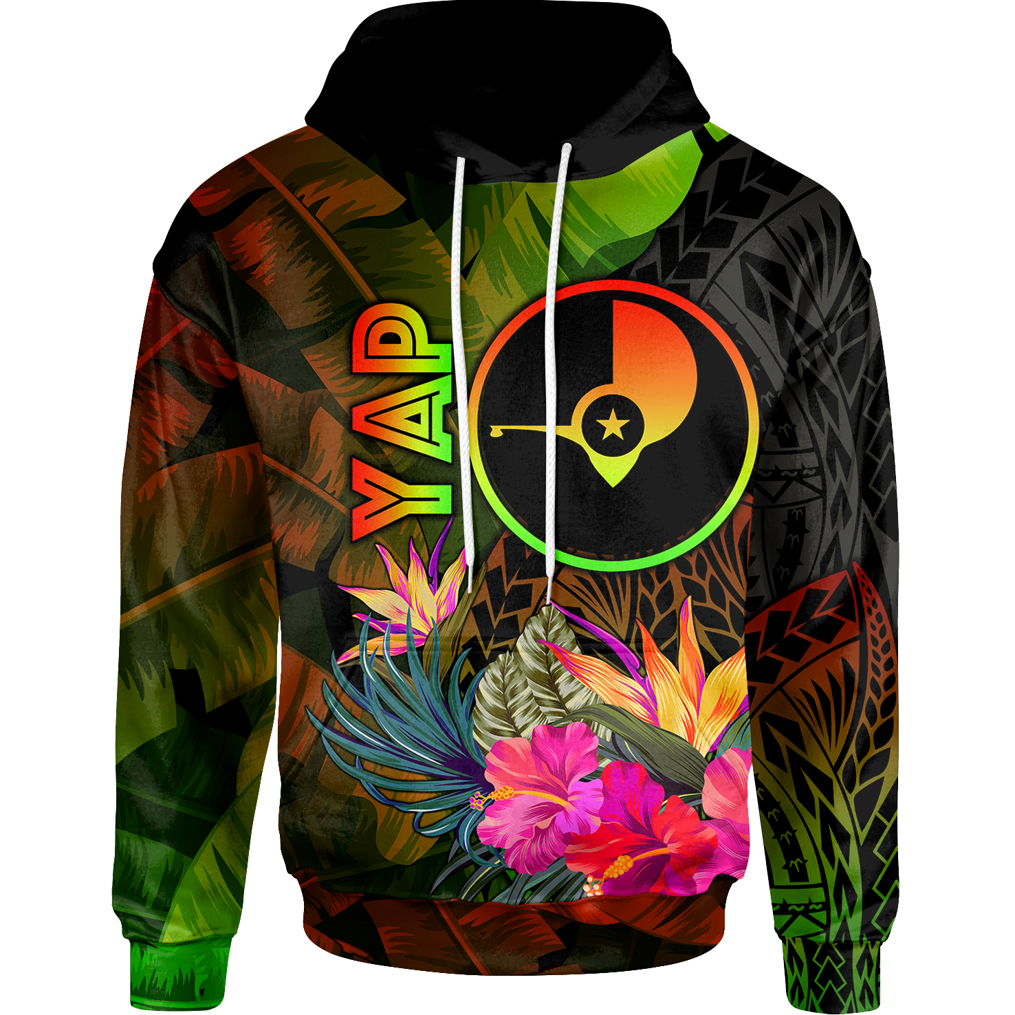 YAP Polynesian Hoodie Hibiscus and Banana Leaves Unisex Reggae - Polynesian Pride